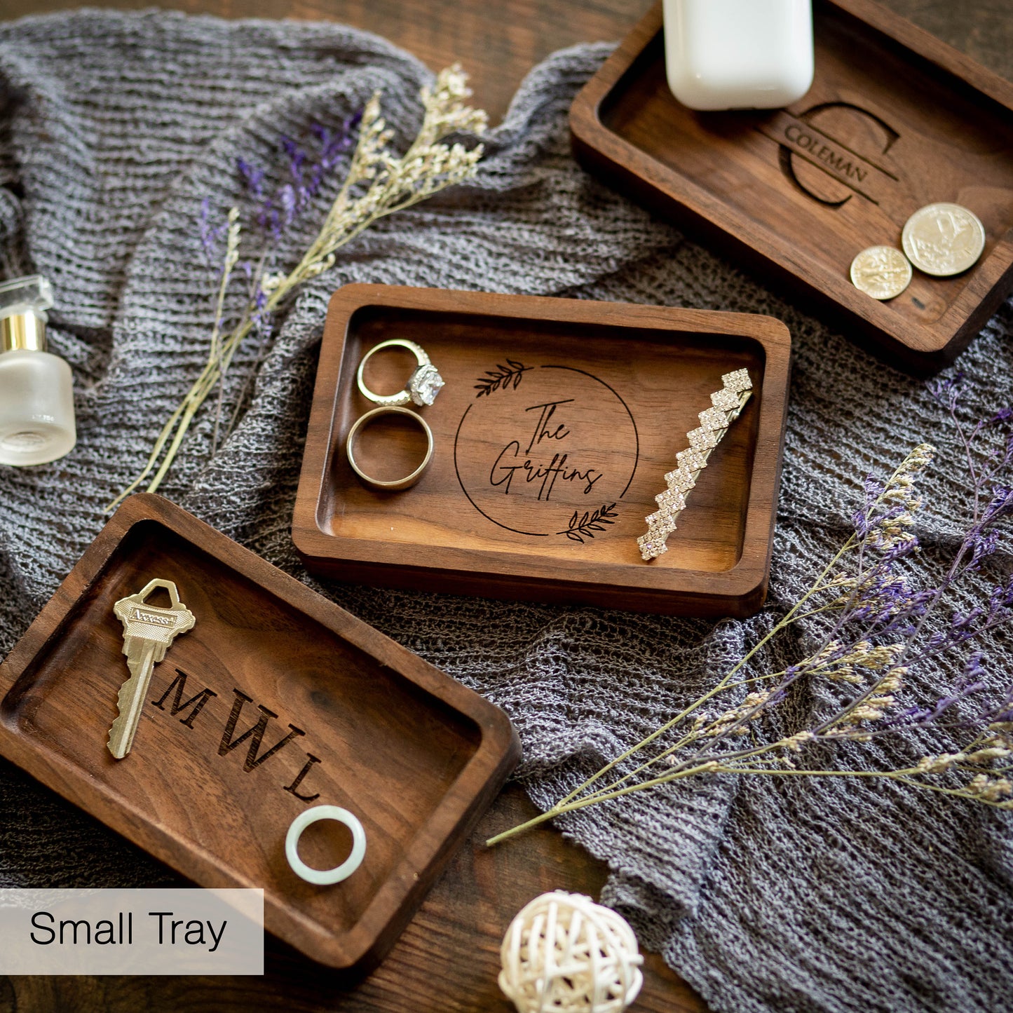 Rectangle Wood Tray - Engraved Key Ring Dish, Birthday Anniversary Gift for Wife Husband, Gift for Dad Grandpa Parents Family, Teacher Gift