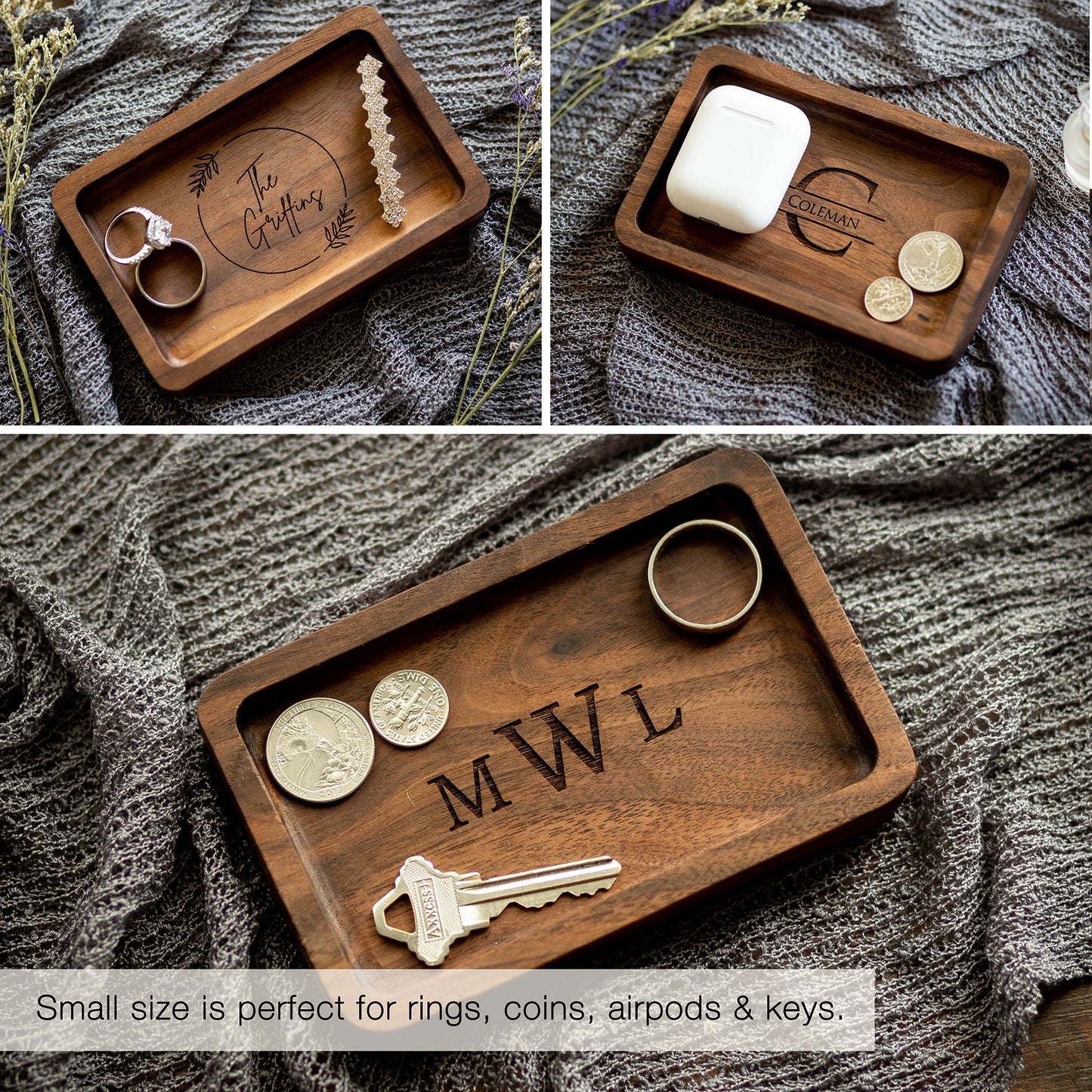 Rectangle Wood Tray - Engraved Key Ring Dish, Birthday Anniversary Gift for Wife Husband, Gift for Dad Grandpa Parents Family, Teacher Gift