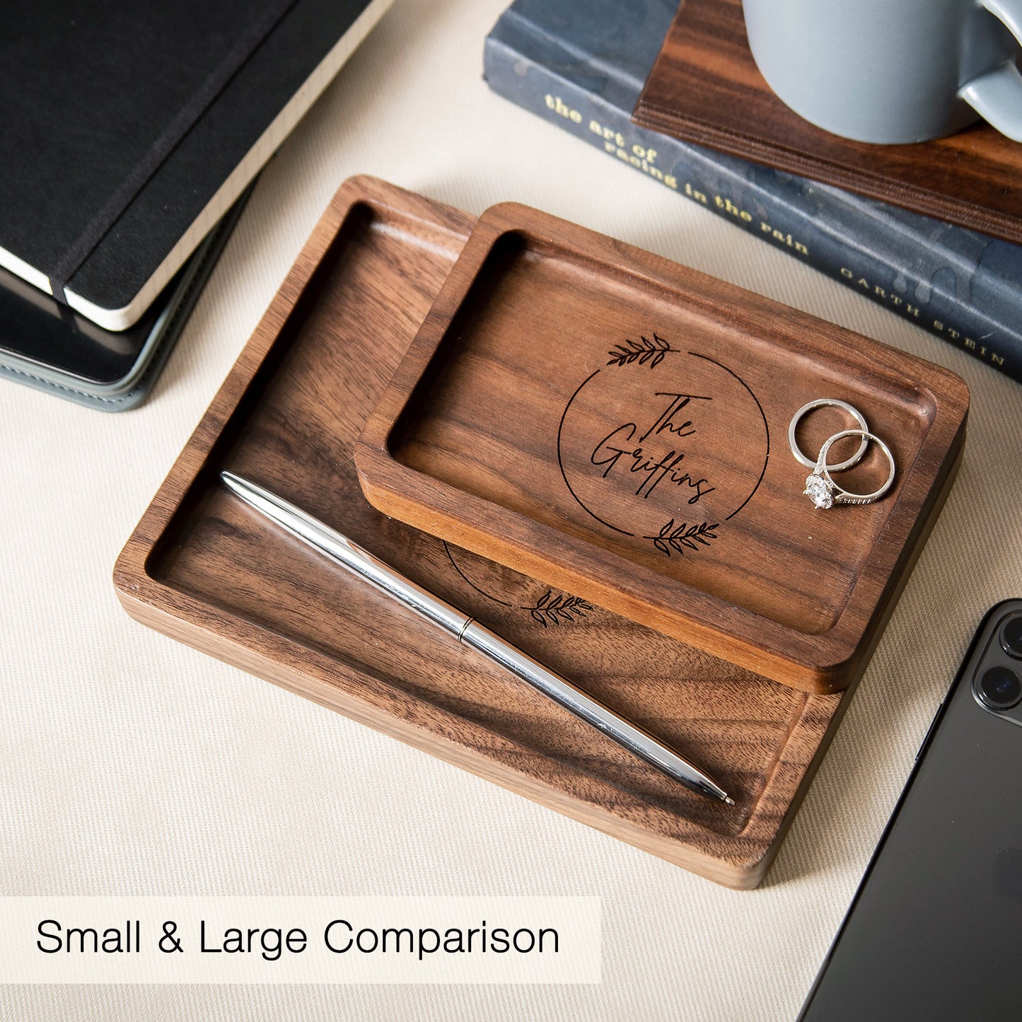 Rectangle Wood Tray - Engraved Key Ring Dish, Birthday Anniversary Gift for Wife Husband, Gift for Dad Grandpa Parents Family, Teacher Gift