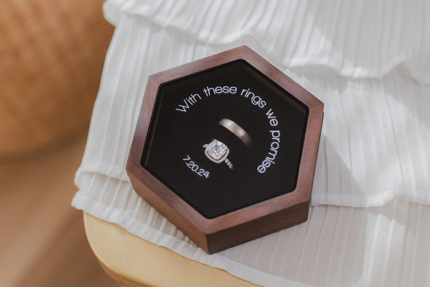 Hex Jewelry Box w/ Magnetic Glass Lid (D1) - Walnut Wood Custom Multiple Rings Slot Engagement Wedding Ceremony Ring Bearer Box Couple Gifts
