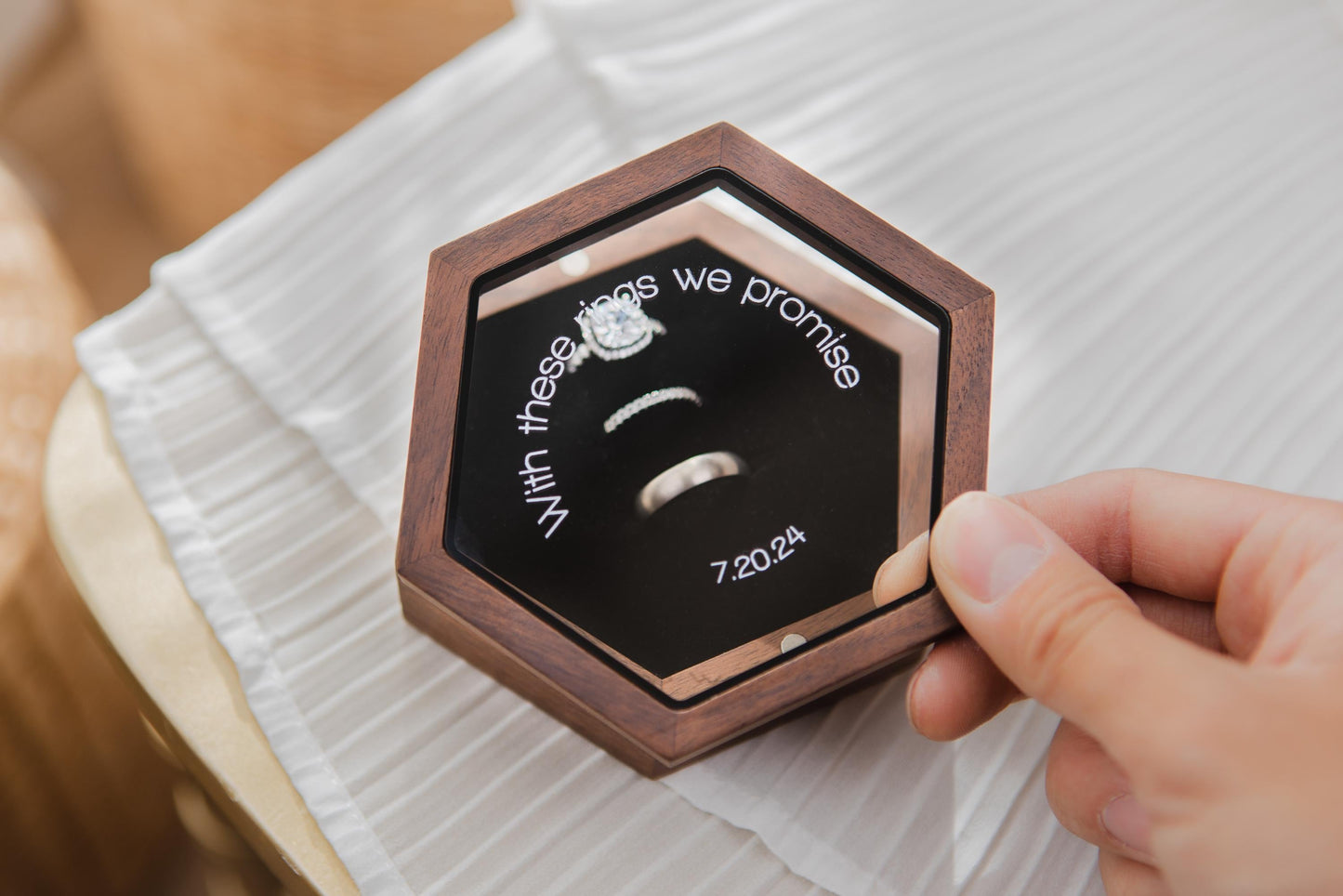 Hex Jewelry Box w/ Magnetic Glass Lid (D1) - Walnut Wood Custom Multiple Rings Slot Engagement Wedding Ceremony Ring Bearer Box Couple Gifts