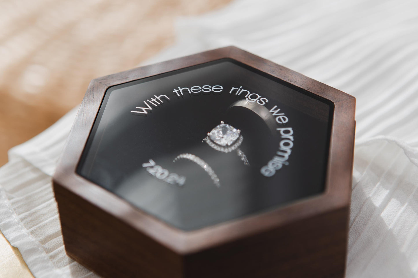 Hex Jewelry Box w/ Magnetic Glass Lid (D1) - Walnut Wood Custom Multiple Rings Slot Engagement Wedding Ceremony Ring Bearer Box Couple Gifts