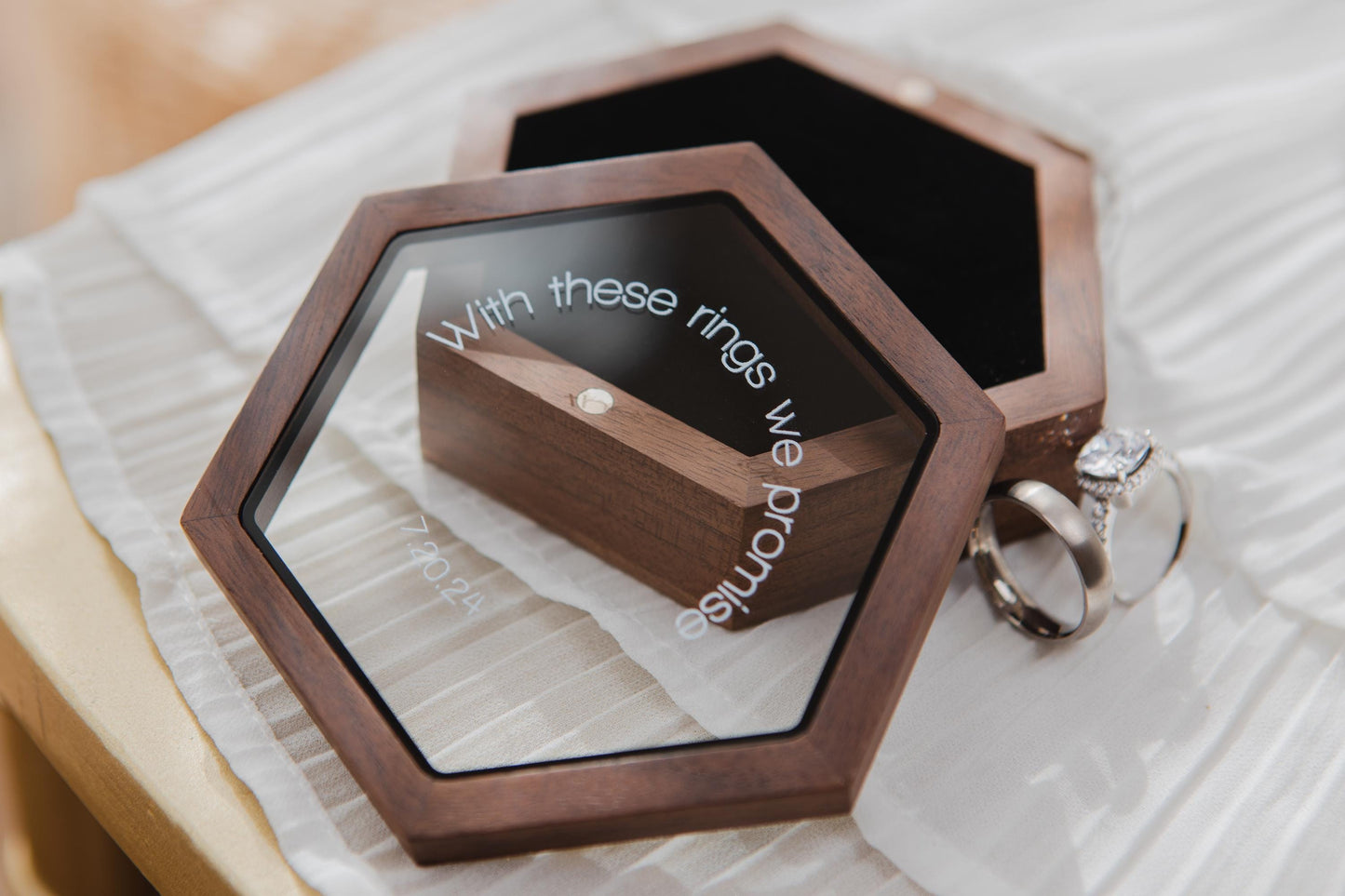 Hex Jewelry Box w/ Magnetic Glass Lid (D1) - Walnut Wood Custom Multiple Rings Slot Engagement Wedding Ceremony Ring Bearer Box Couple Gifts
