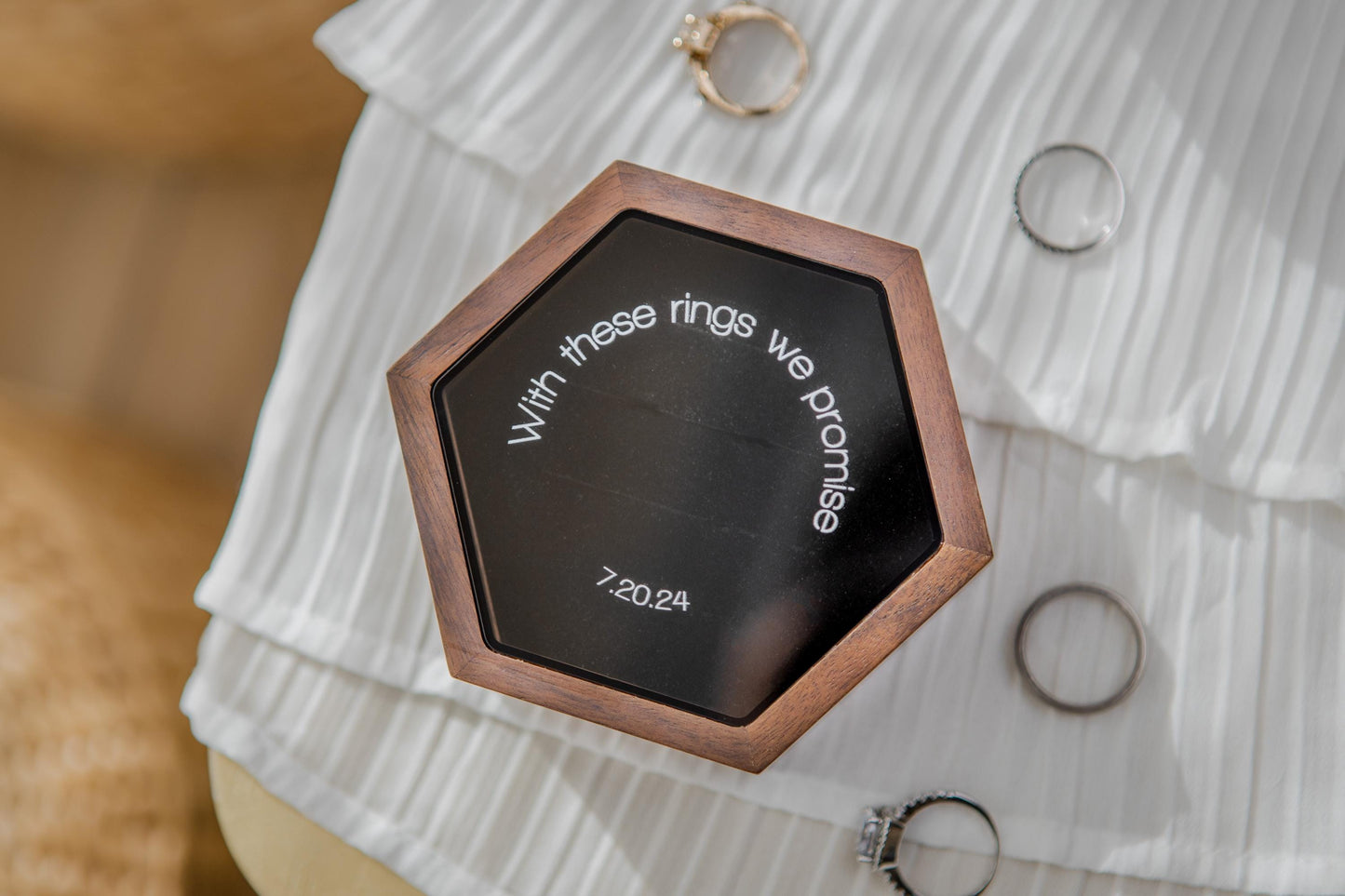 Hex Jewelry Box w/ Magnetic Glass Lid (D1) - Walnut Wood Custom Multiple Rings Slot Engagement Wedding Ceremony Ring Bearer Box Couple Gifts
