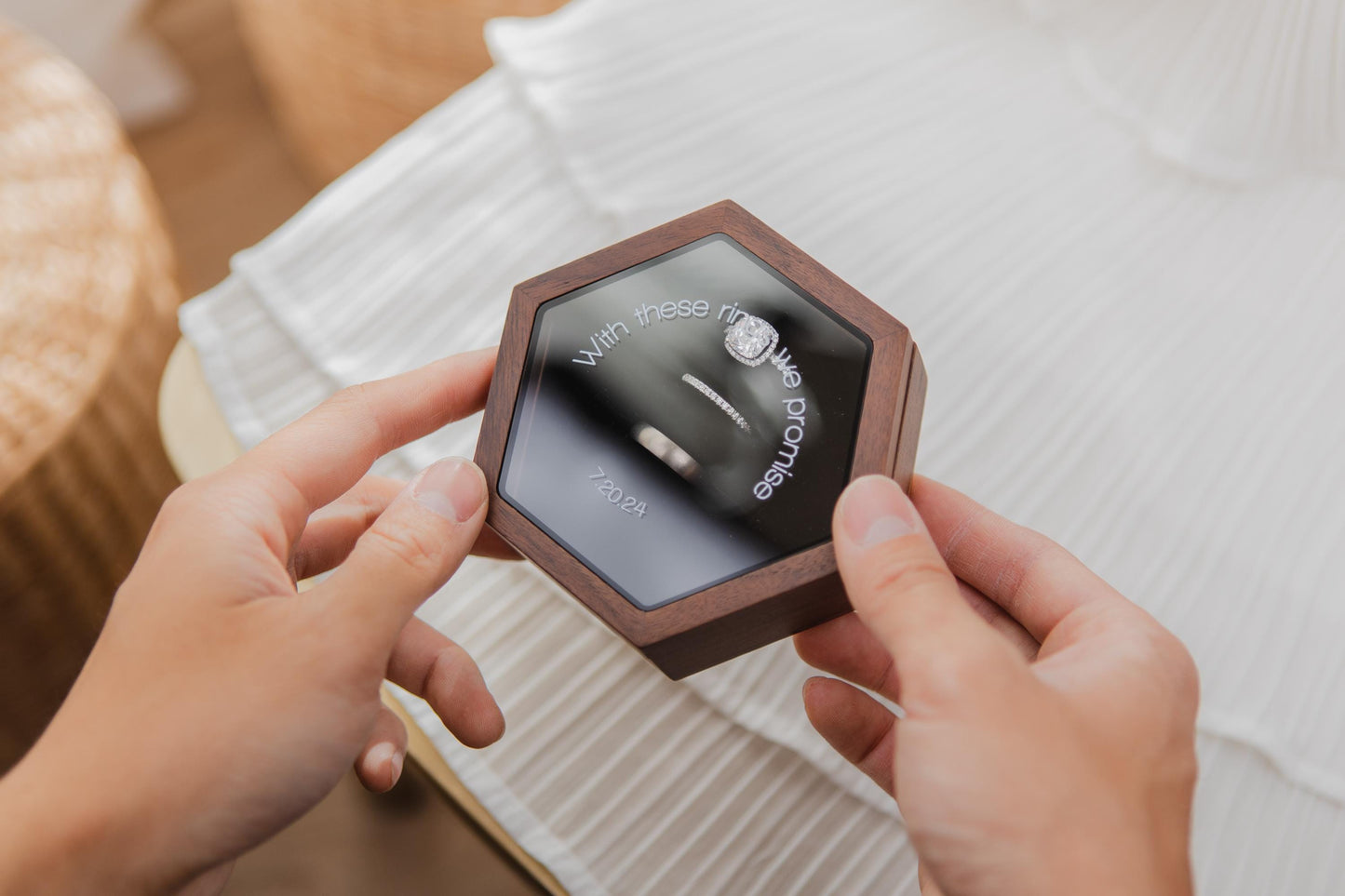 Hex Jewelry Box w/ Magnetic Glass Lid (D1) - Walnut Wood Custom Multiple Rings Slot Engagement Wedding Ceremony Ring Bearer Box Couple Gifts