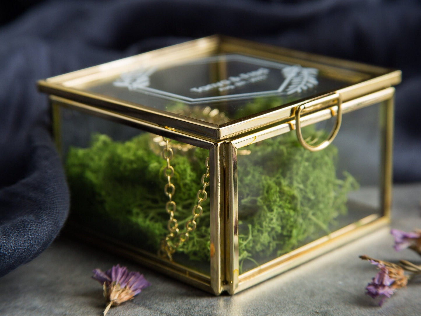 Square Gold Glass Ring Box with Moss - Personalized Ring Box for Wedding Ceremony, Modern Ring Holder for Engagements, Rustic Wedding Gift