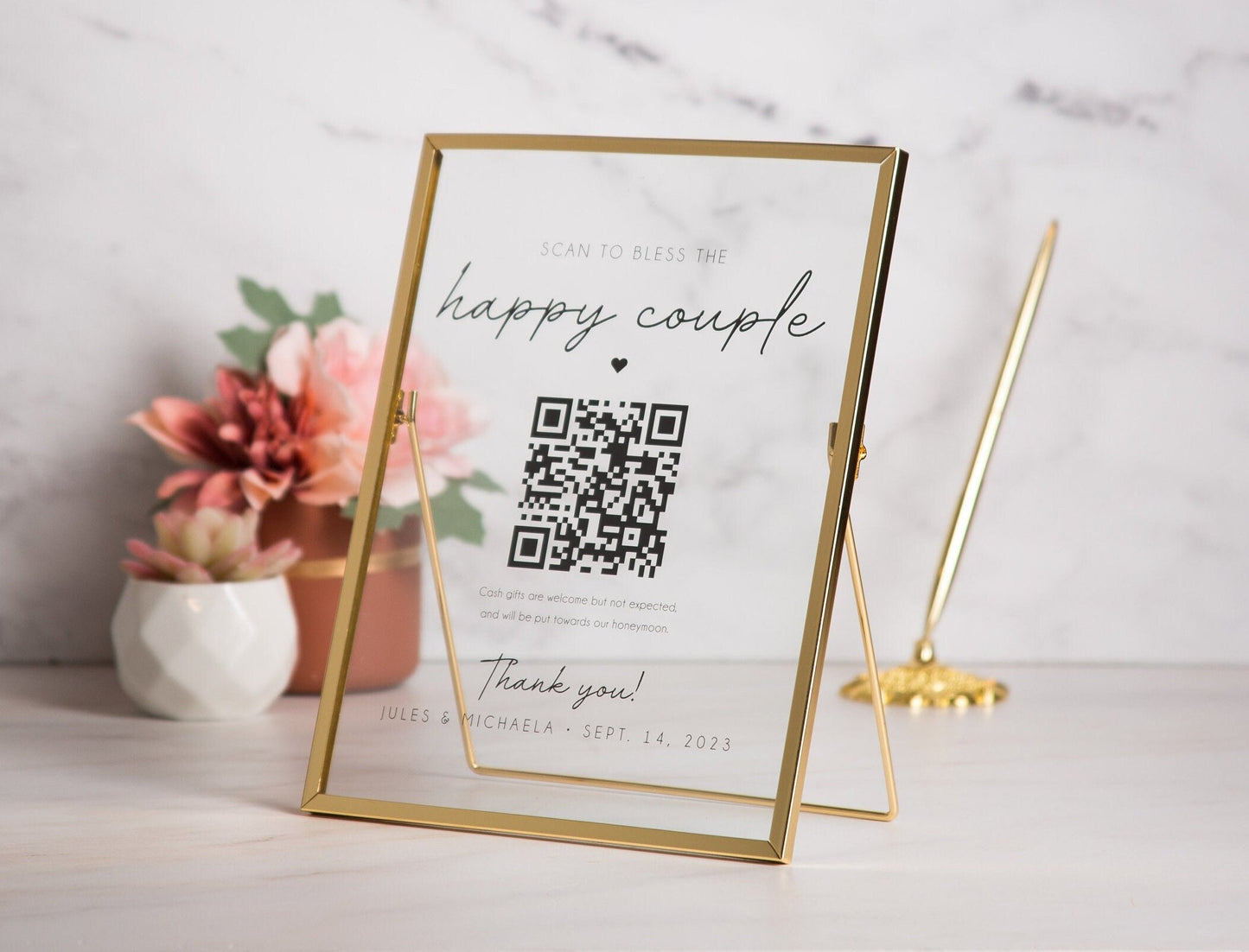 Gold Glass Scan To Bless QR Sign - Scannable Acrylic Sign, Wedding Virtual Cash Gift Table Decoration, Venmo Paypal Cash app Donation