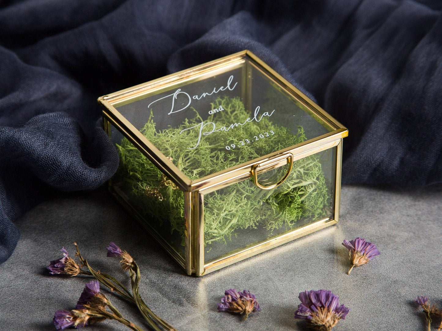 Square Gold Glass Ring Box with Moss - Personalized Ring Box for Wedding Ceremony, Modern Ring Holder for Engagements, Rustic Wedding Gift