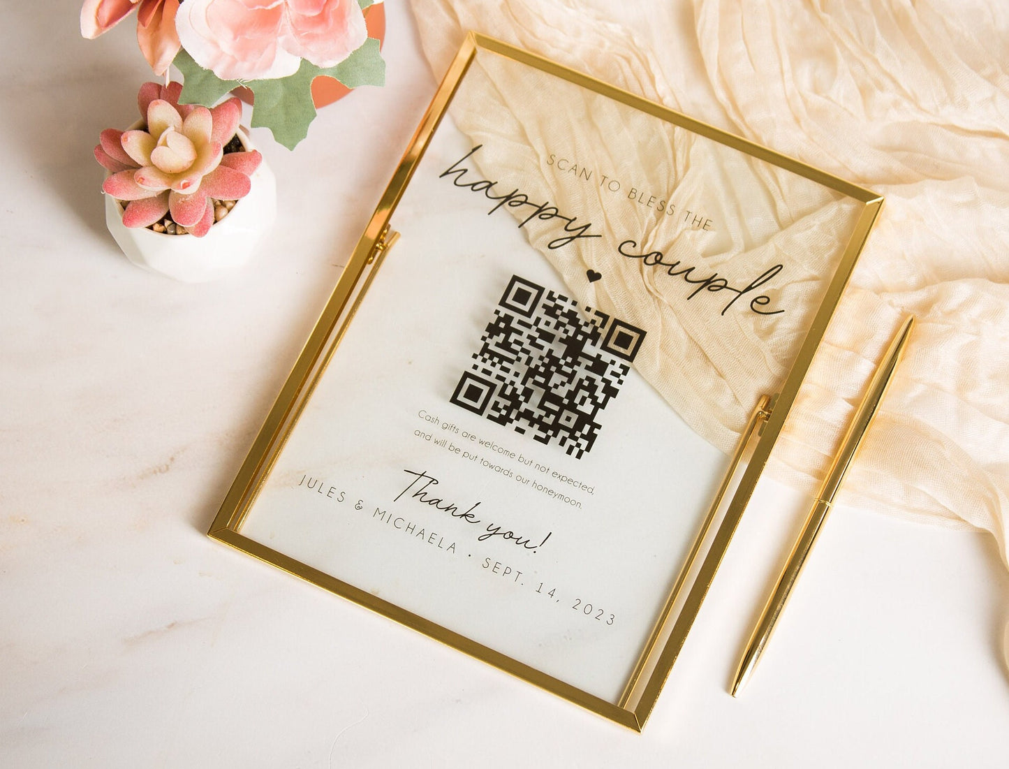 Gold Glass Scan To Bless QR Sign - Scannable Acrylic Sign, Wedding Virtual Cash Gift Table Decoration, Venmo Paypal Cash app Donation