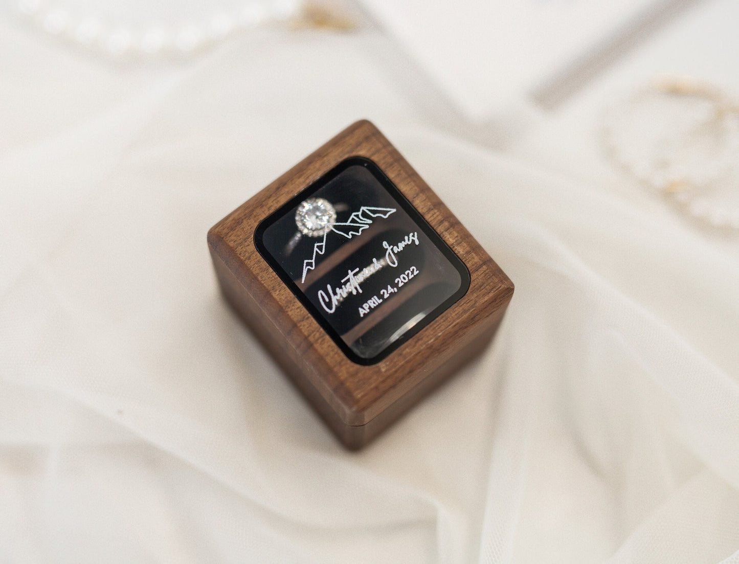 Triple Flip Wood Ring Box with Glass Lid - UV Printed Ring Box for 3 Rings, Wedding Ceremony Ring Bearer Box, Engagement Ring Storage