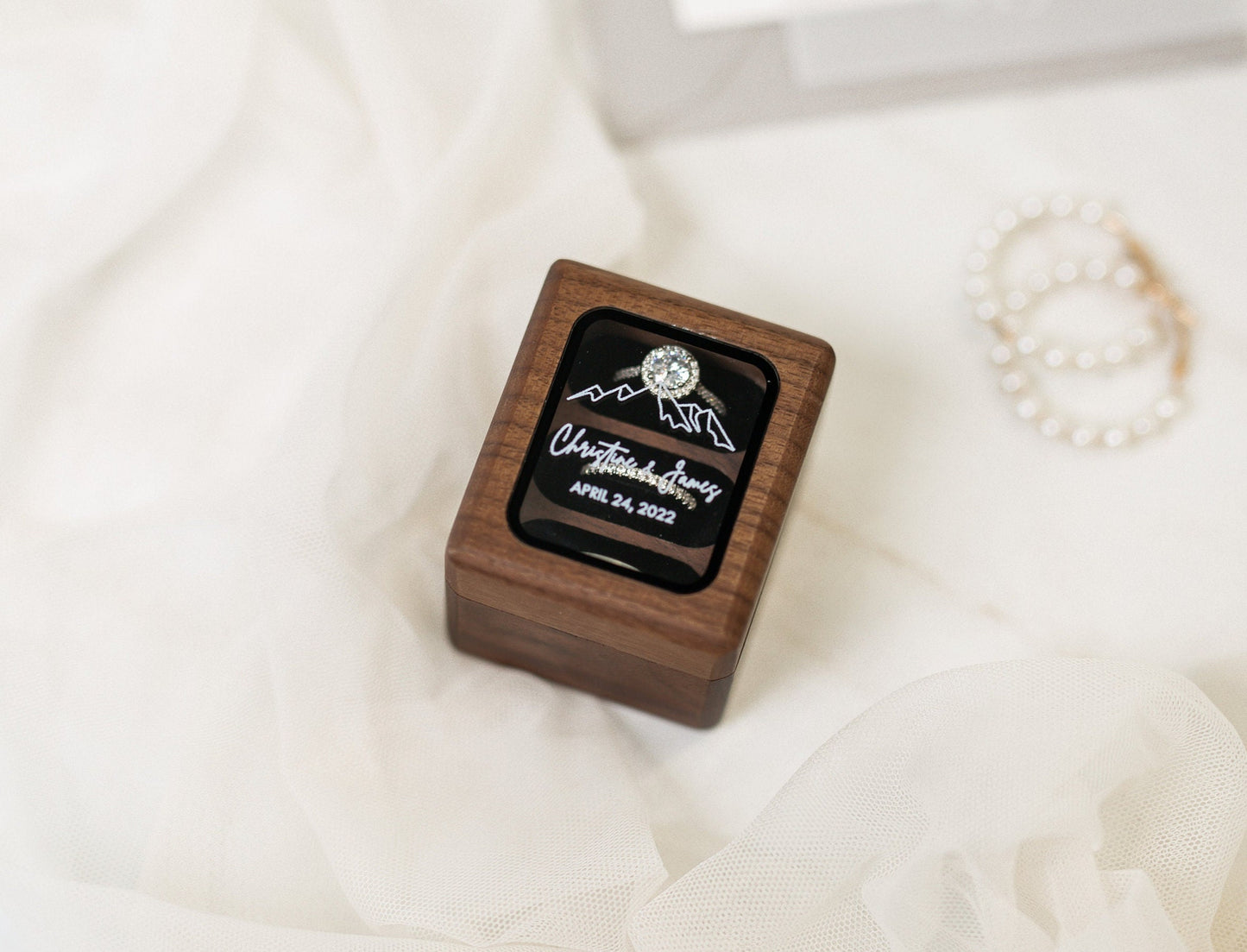 Triple Flip Wood Ring Box with Glass Lid - UV Printed Ring Box for 3 Rings, Wedding Ceremony Ring Bearer Box, Engagement Ring Storage