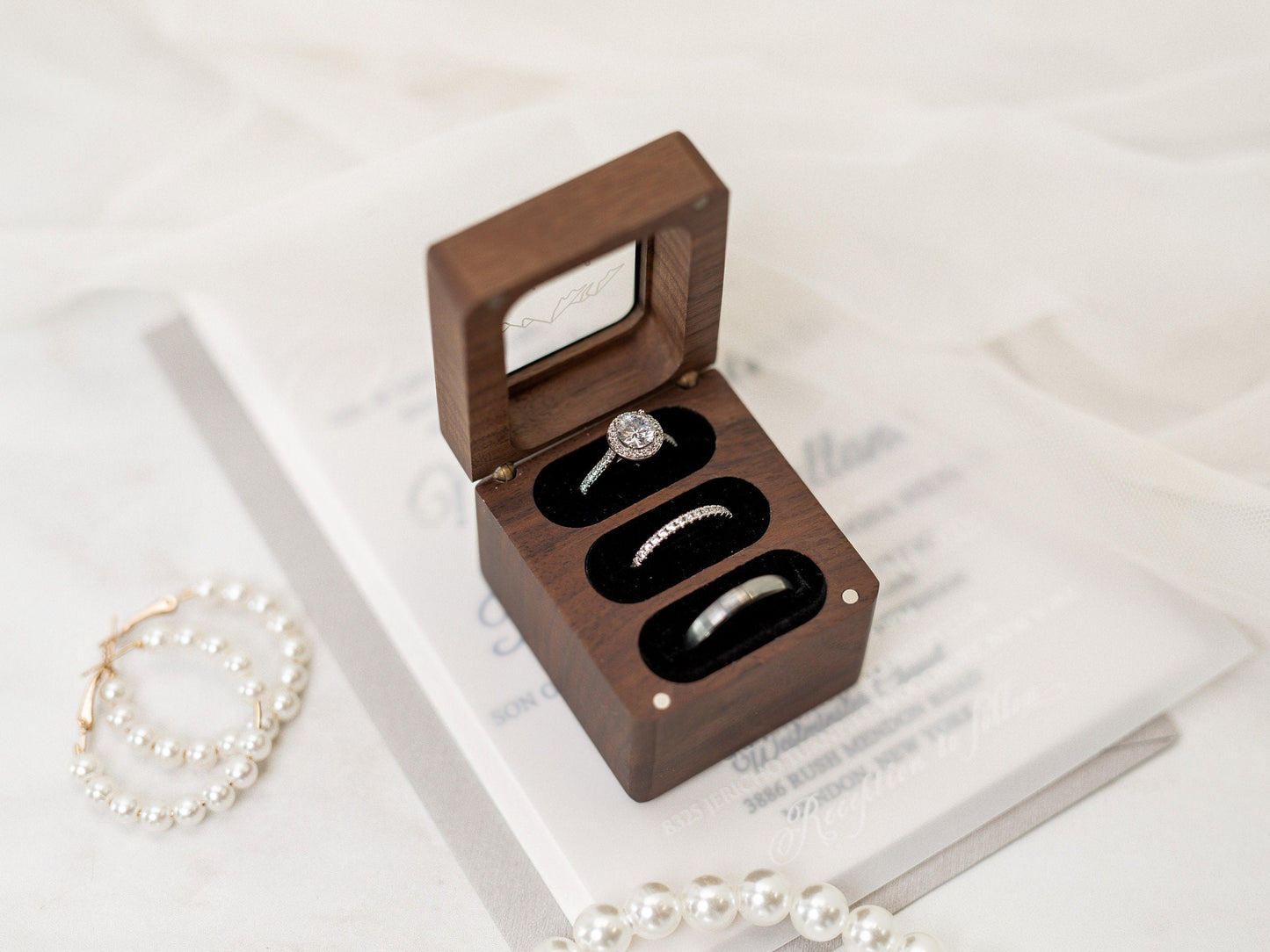 Triple Flip Wood Ring Box with Glass Lid - UV Printed Ring Box for 3 Rings, Wedding Ceremony Ring Bearer Box, Engagement Ring Storage