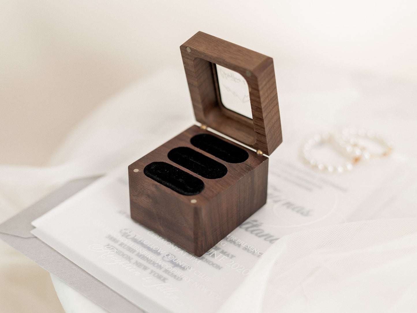 Triple Flip Wood Ring Box with Glass Lid - UV Printed Ring Box for 3 Rings, Wedding Ceremony Ring Bearer Box, Engagement Ring Storage