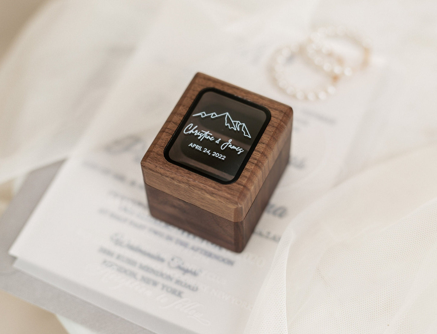 Triple Flip Wood Ring Box with Glass Lid - UV Printed Ring Box for 3 Rings, Wedding Ceremony Ring Bearer Box, Engagement Ring Storage
