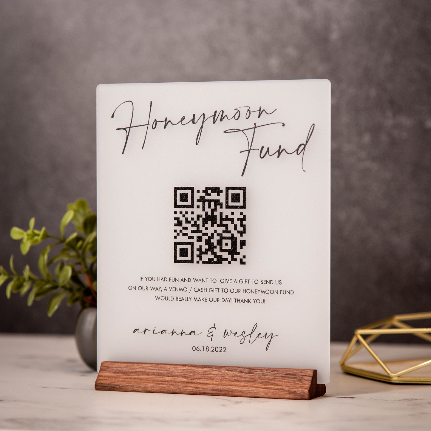 Honeymoon Fund QR Sign with Wood Stand - Scannable QR Code Acrylic Sign, Wedding Sign, Wedding Gift Table Decor, Venmo Link