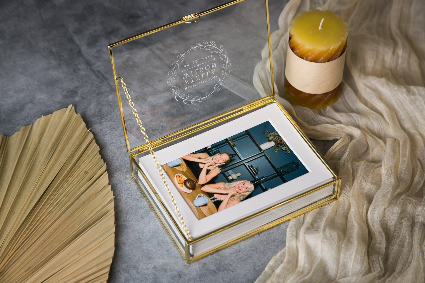 5x7" Gold Glass Photo Box - Mom & Daughter Picture Keepsake Box with Optional Photo Mats Personalized Birthday Mother's Day Gift Box