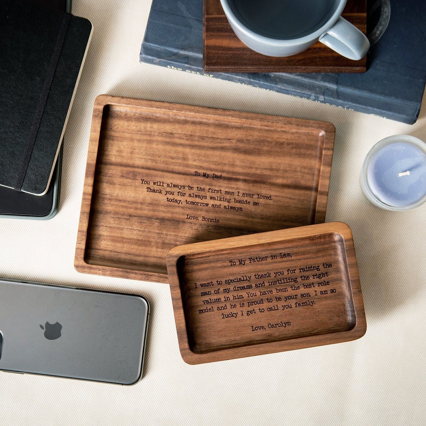 Rectangle Wood Tray - Engraved Key Ring Dish, Father of the Bride Groom Birthday Gift for Dad, Catch all EDC Valet Gift for husband