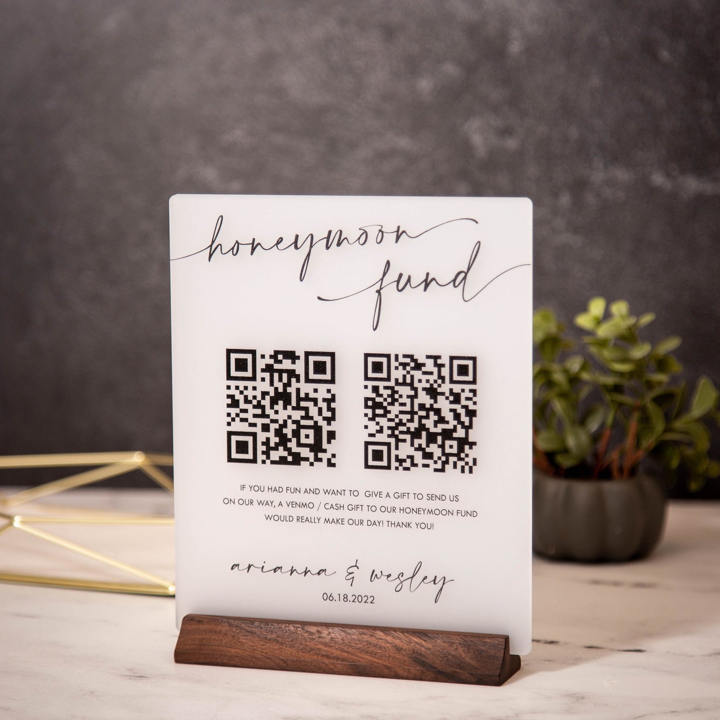 Honeymoon Fund QR Sign with Wood Stand - Scannable QR Code Acrylic Sign, Wedding Sign, Wedding Gift Table Decor, Venmo Link