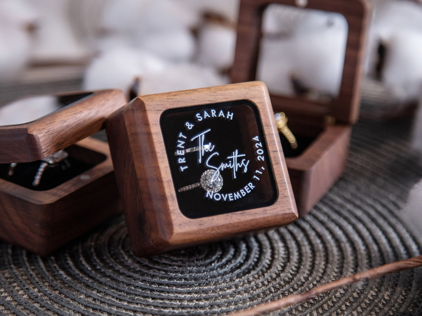 Square Double Ring Box with Glass Lid - Custom Wood Ring Bearer Box for Wedding Ceremony Proposal Engagement Anniversary Gift for Her Wife