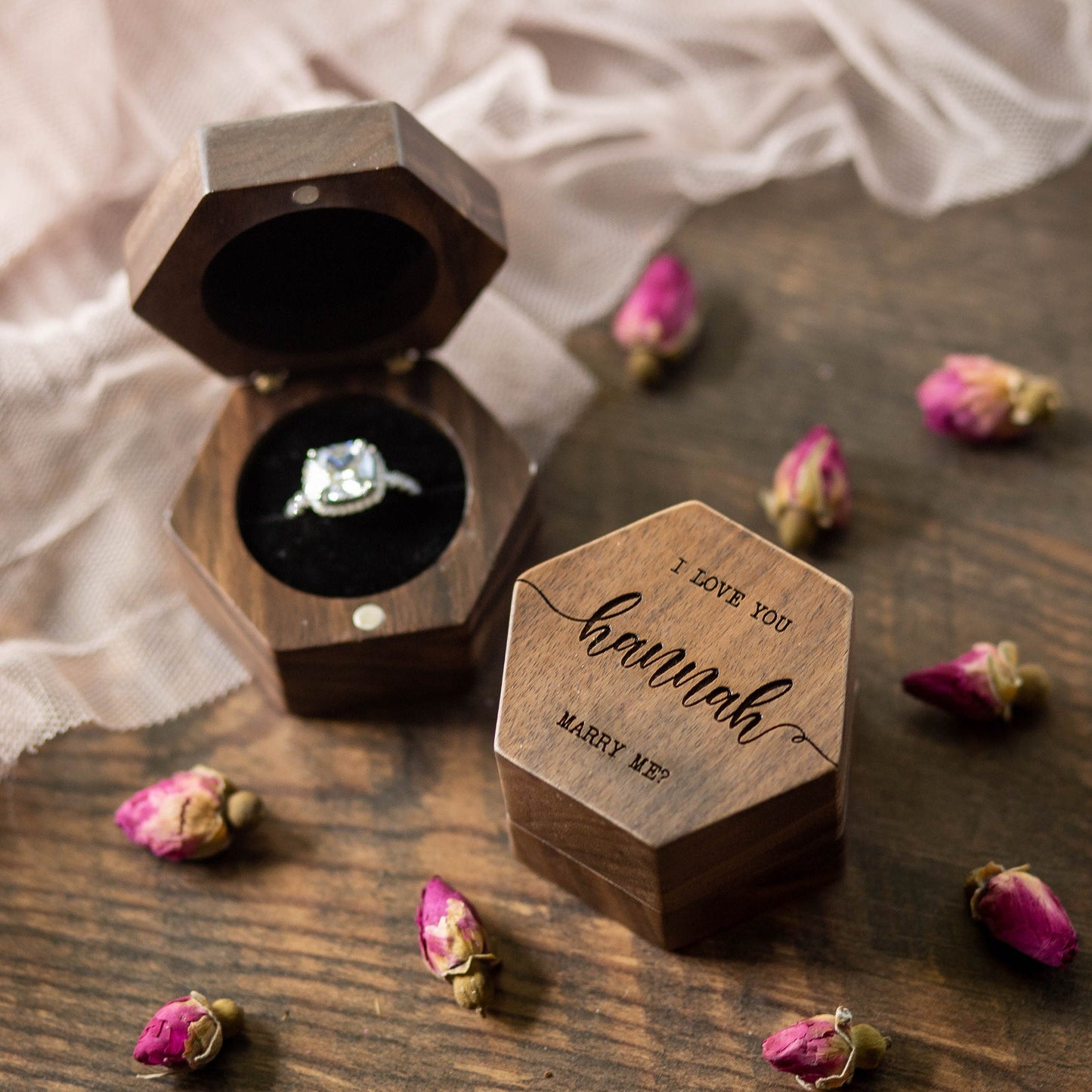 Hexagon Mini Flip Wood Ring Box - Engraved Engagement Ring Box, Single Ring Slot Storage, Proposal Box, Wedding Ring Box, Gift For Her