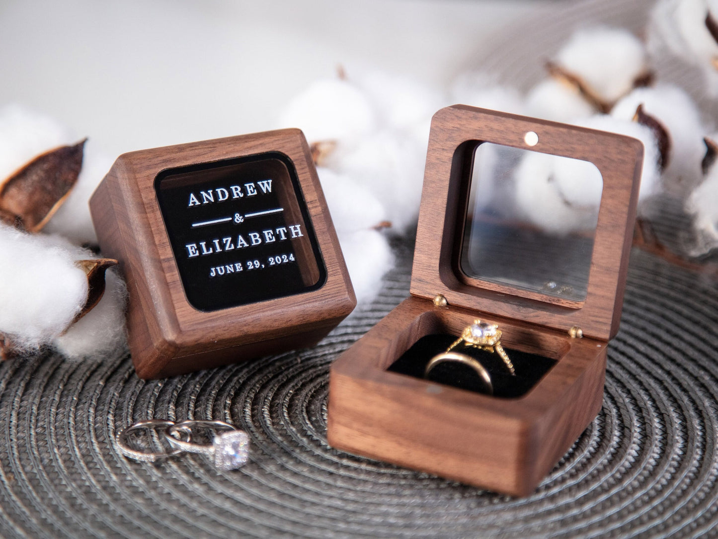 Square Double Ring Box with Glass Lid - Custom Wood Ring Bearer Box for Wedding Ceremony Proposal Engagement Anniversary Gift for Her Wife