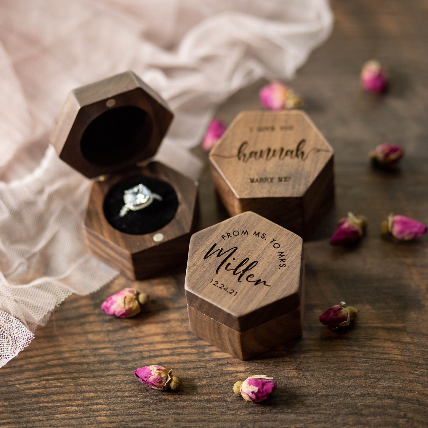 Hexagon Mini Flip Wood Ring Box - Engraved Engagement Ring Box, Single Ring Slot Storage, Proposal Box, Wedding Ring Box, Gift For Her
