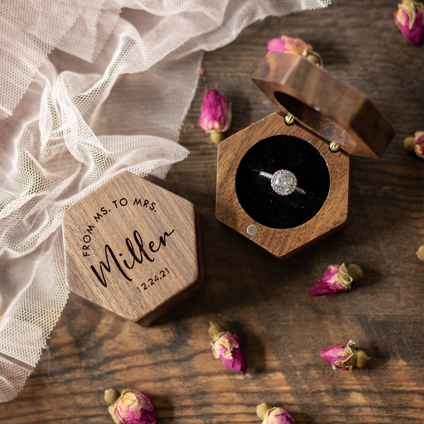 Hexagon Mini Flip Wood Ring Box - Engraved Engagement Ring Box, Single Ring Slot Storage, Proposal Box, Wedding Ring Box, Gift For Her