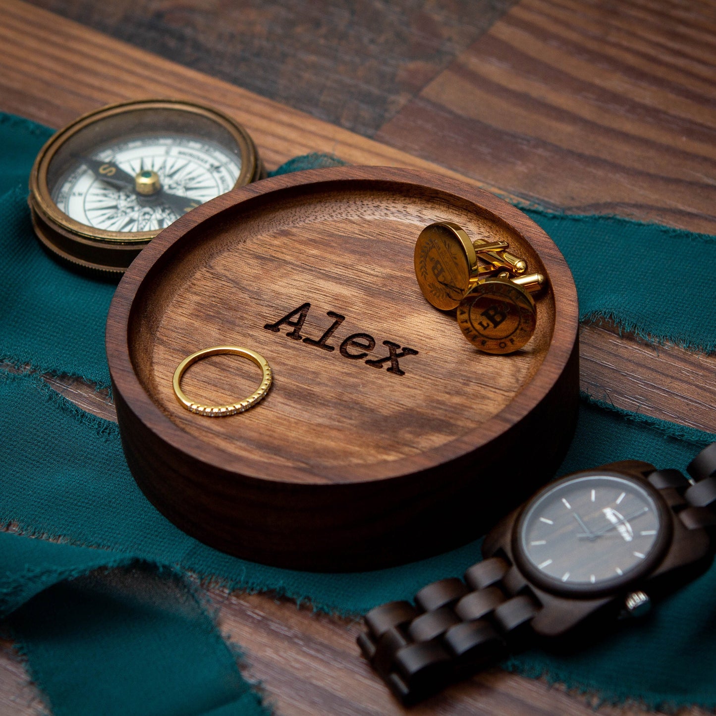 Round Wood Ring Dish - Mens Jewelry Tray 5th Wedding Anniversary Birthday Gift for Boyfriend Husband Dad, Dorm Decor, Teacher College Gift