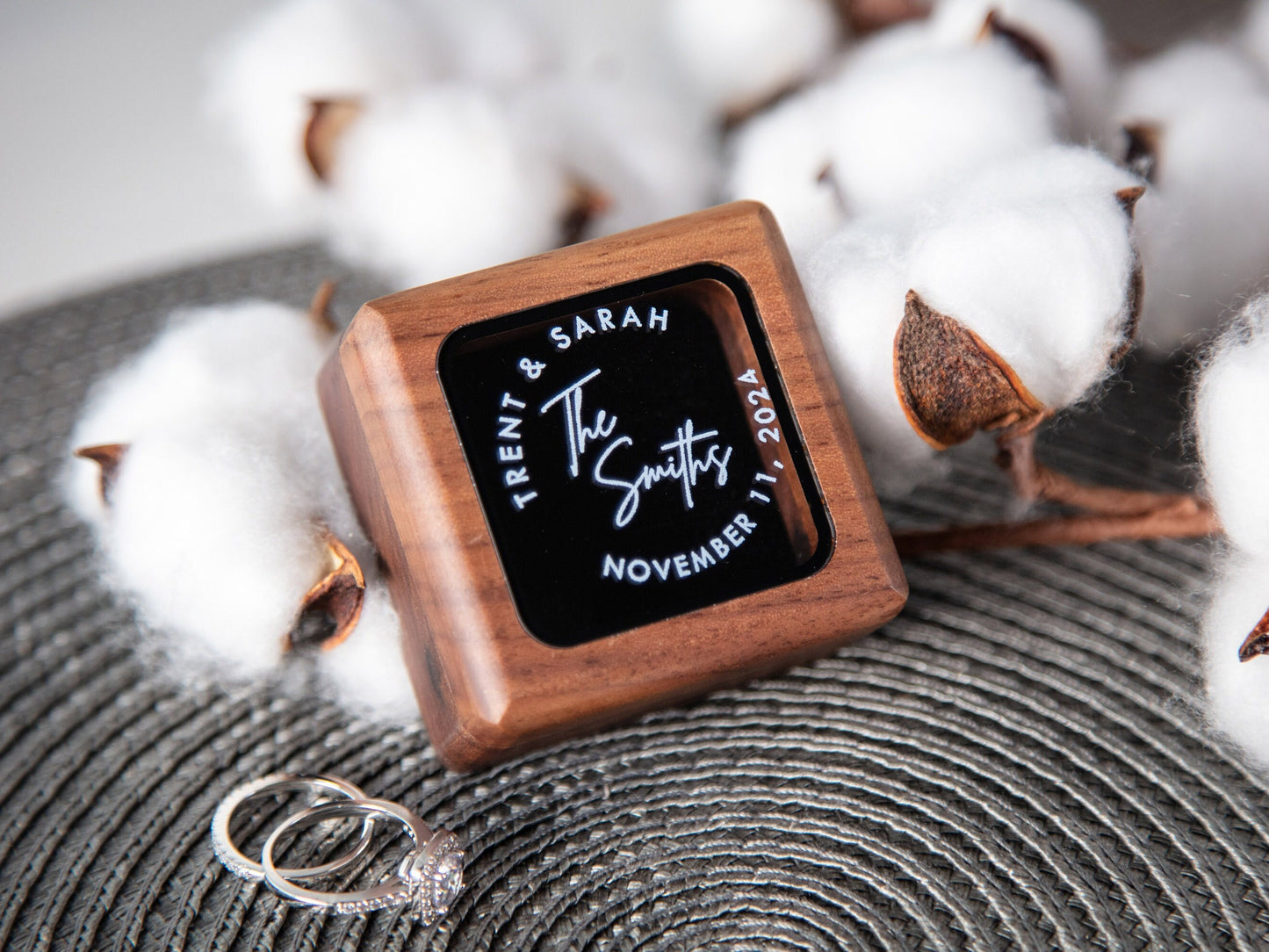 Square Double Ring Box with Glass Lid - Custom Wood Ring Bearer Box for Wedding Ceremony Proposal Engagement Anniversary Gift for Her Wife