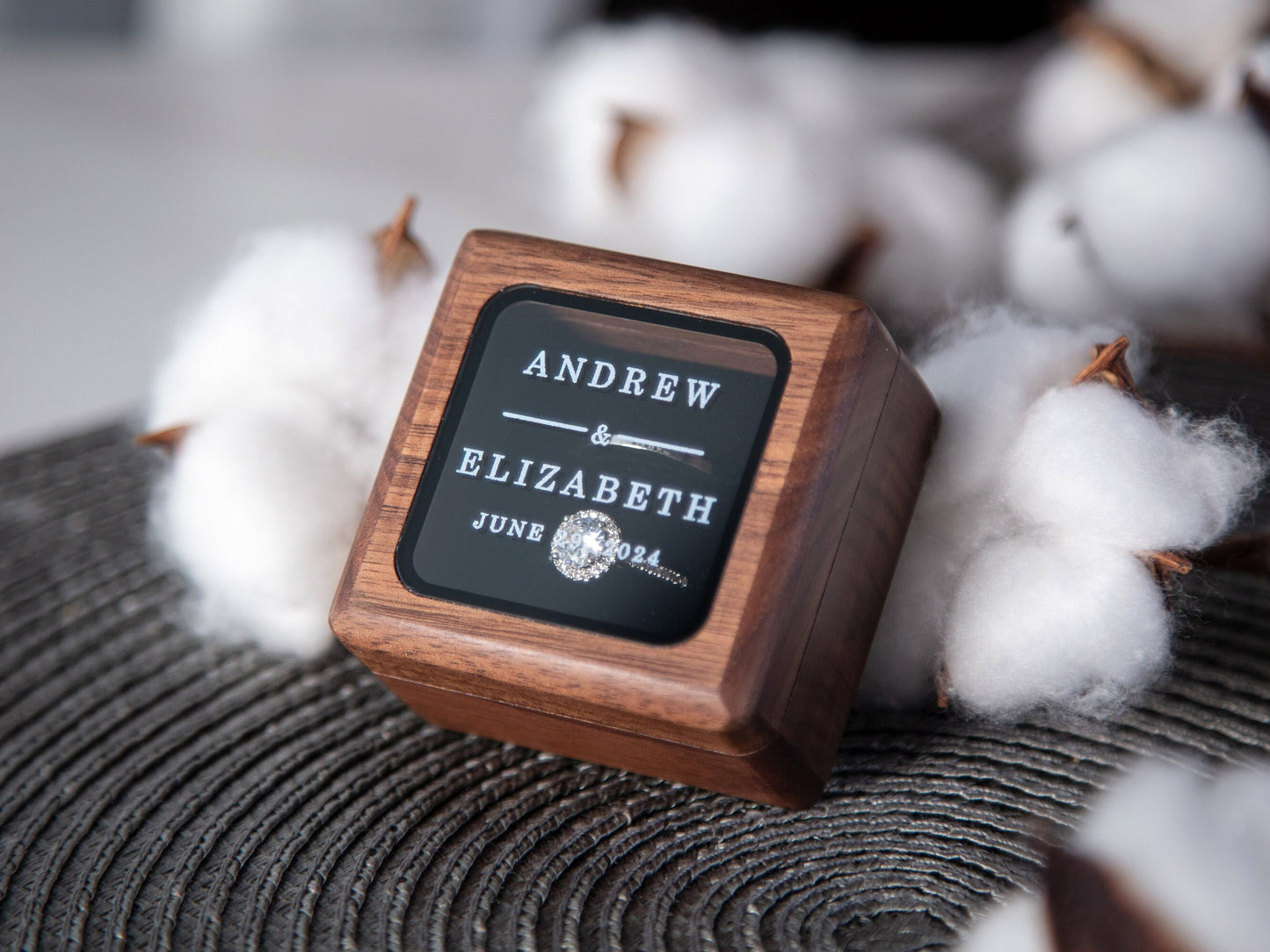 Square Double Ring Box with Glass Lid - Custom Wood Ring Bearer Box for Wedding Ceremony Proposal Engagement Anniversary Gift for Her Wife
