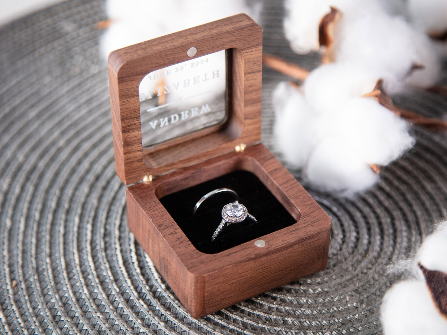 Square Double Ring Box with Glass Lid - Custom Wood Ring Bearer Box for Wedding Ceremony Proposal Engagement Anniversary Gift for Her Wife