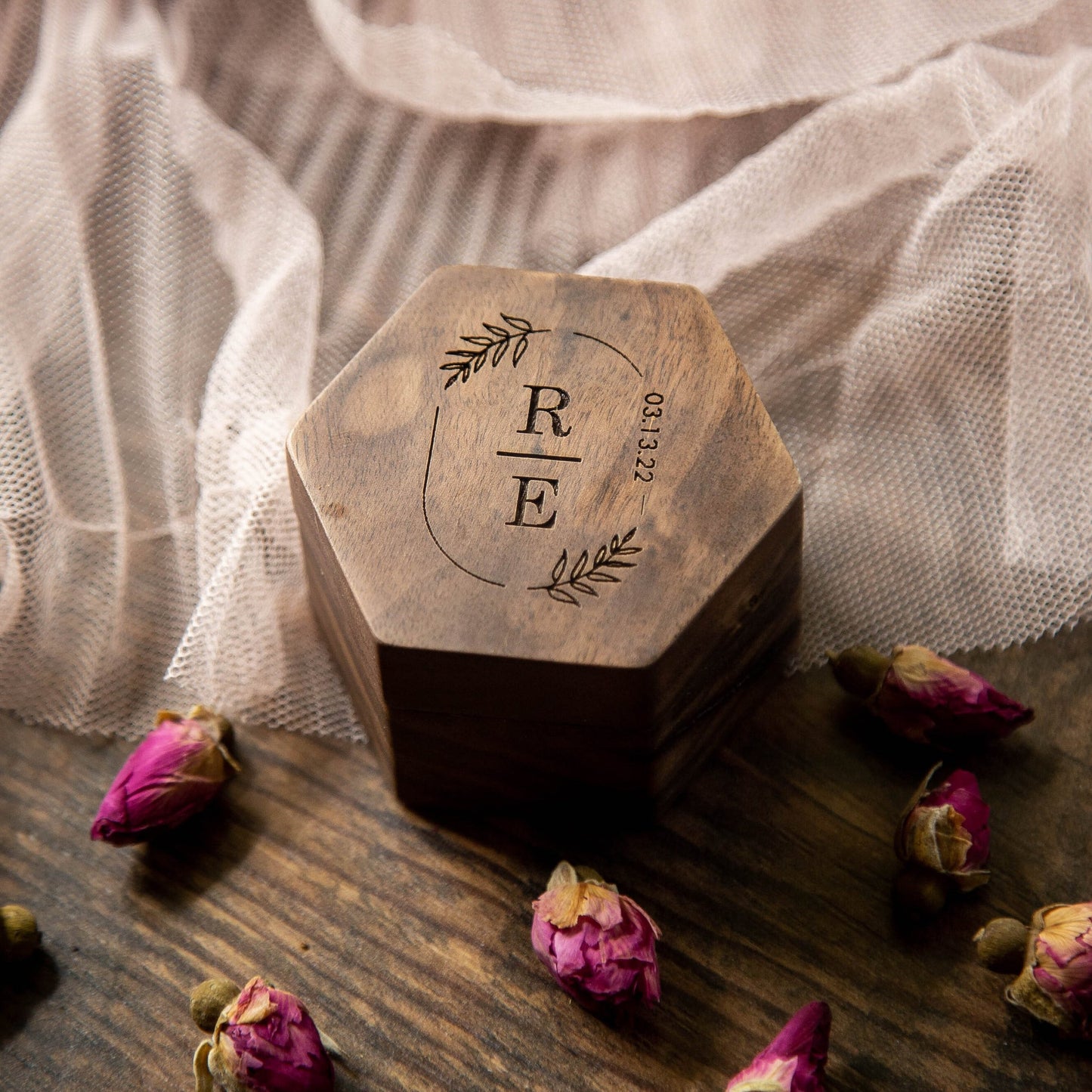 Hexagon Mini Flip Wood Ring Box - Engraved Engagement Ring Box, Single Ring Slot Storage, Proposal Box, Wedding Ring Box, Gift For Her