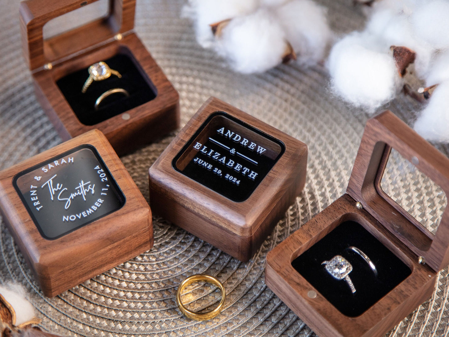 Square Double Ring Box with Glass Lid - Custom Wood Ring Bearer Box for Wedding Ceremony Proposal Engagement Anniversary Gift for Her Wife