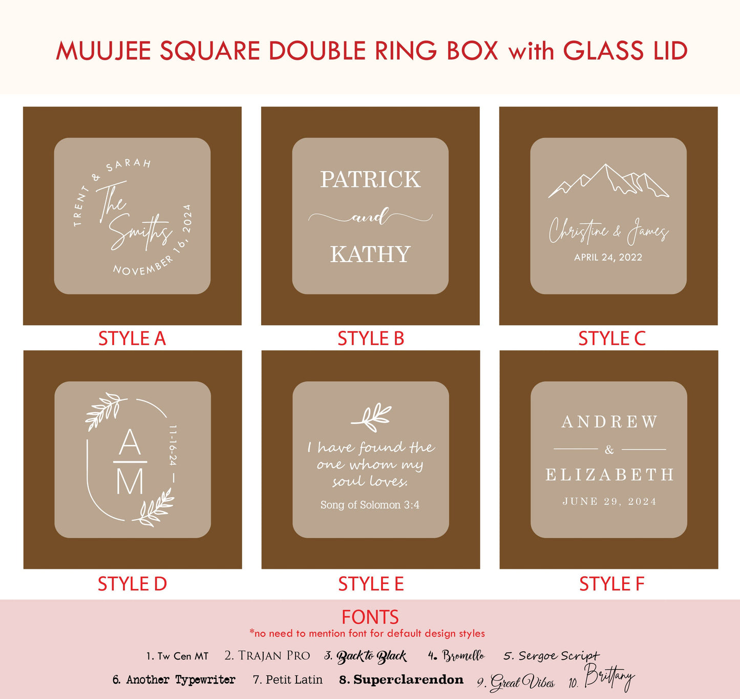 Square Double Ring Box with Glass Lid - Custom Wood Ring Bearer Box for Wedding Ceremony Proposal Engagement Anniversary Gift for Her Wife