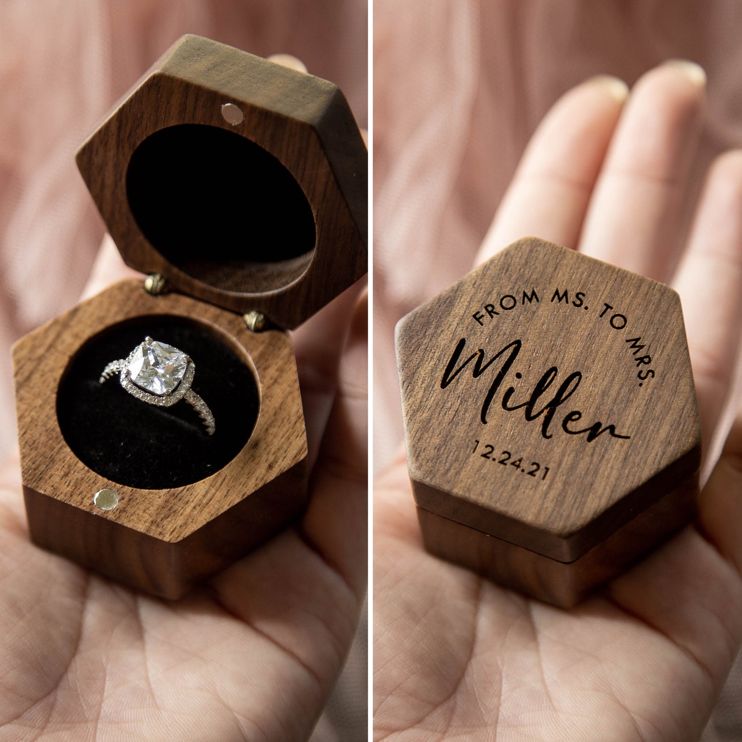Hexagon Mini Flip Wood Ring Box - Engraved Engagement Ring Box, Single Ring Slot Storage, Proposal Box, Wedding Ring Box, Gift For Her