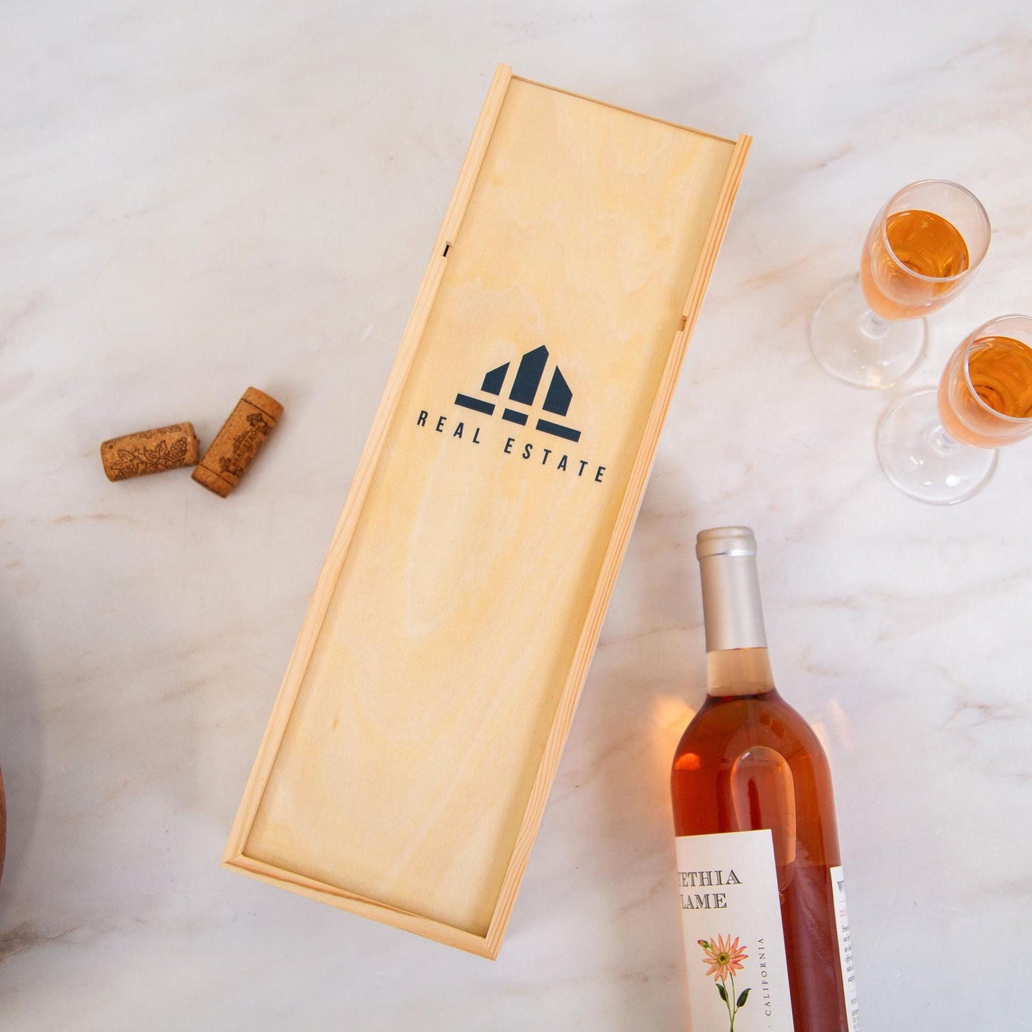 Wood Wine Box - Custom Printed Wine or Champagne Gift Box, Realtor Closing Gift with Logo, Housewarming & New Homeowner Gift, Corporate Gift
