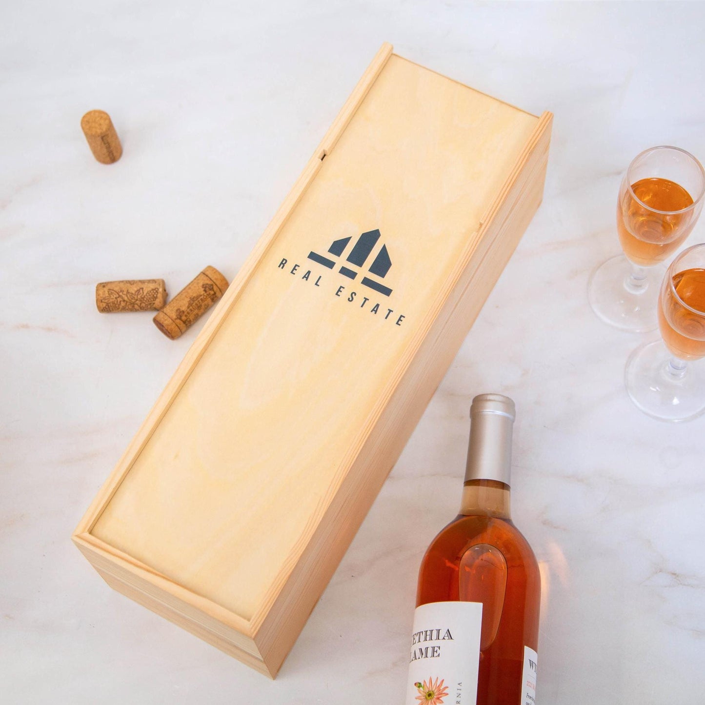 Wood Wine Box - Custom Printed Wine or Champagne Gift Box, Realtor Closing Gift with Logo, Housewarming & New Homeowner Gift, Corporate Gift