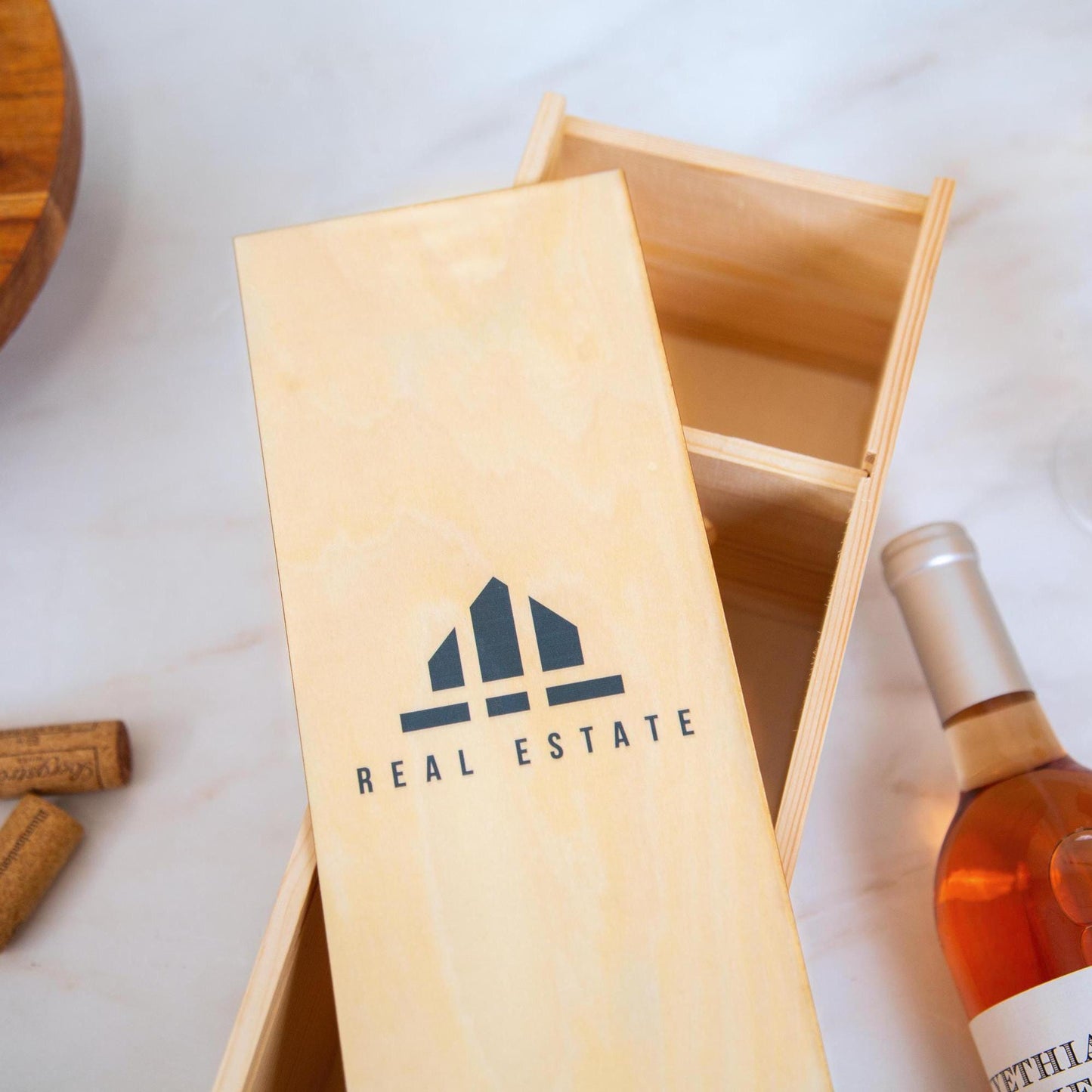Wood Wine Box - Custom Printed Wine or Champagne Gift Box, Realtor Closing Gift with Logo, Housewarming & New Homeowner Gift, Corporate Gift