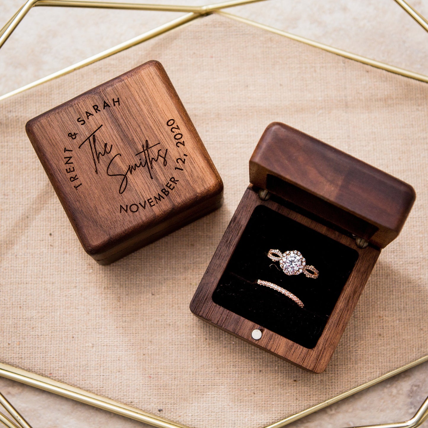 Square Double Ring Box - Engraved Wood Ring Bearer Box for Wedding Ceremony, Proposal Engagement Ring Box Gift for Her, 2 Ring Slots Storage