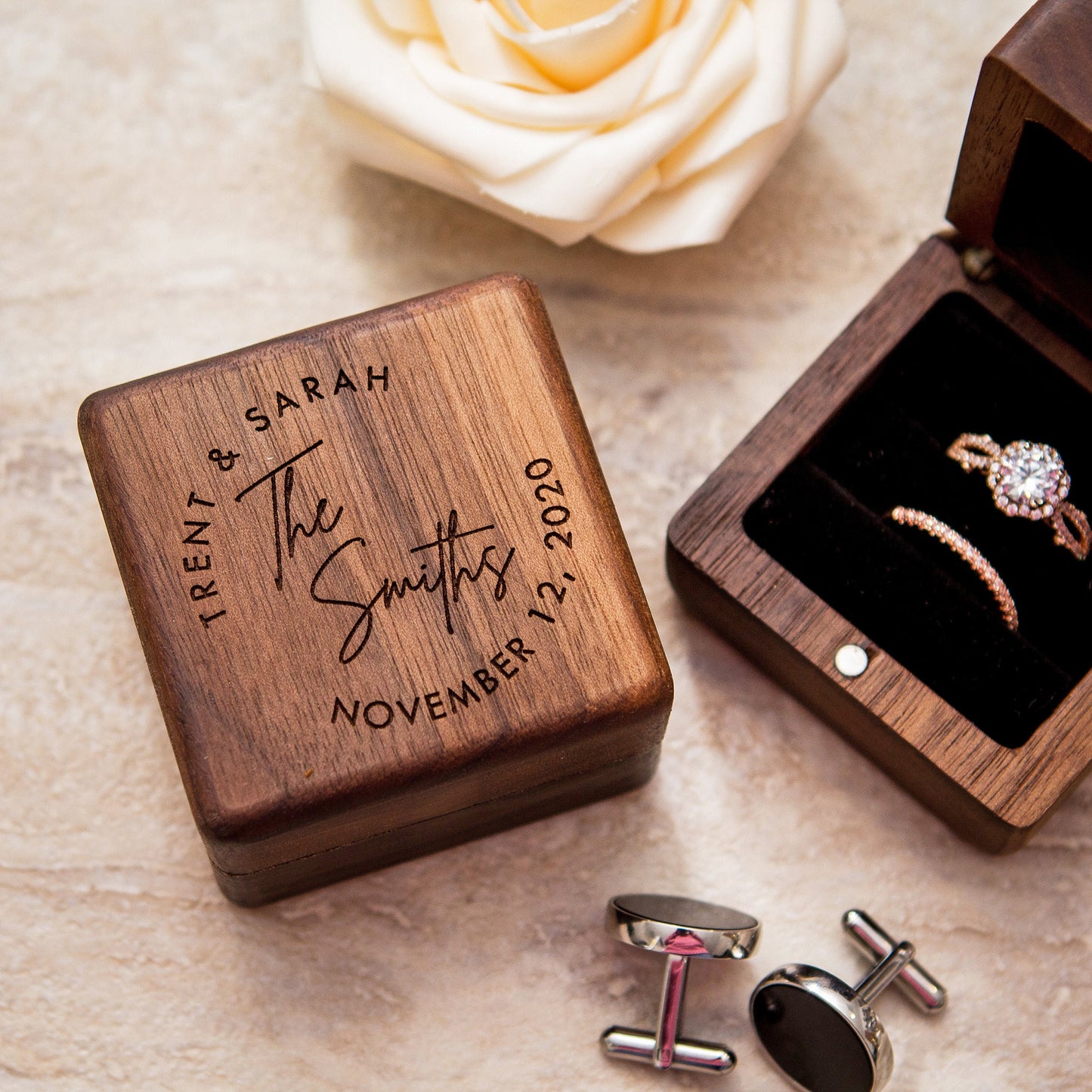 Square Double Ring Box - Engraved Wood Ring Bearer Box for Wedding Ceremony, Proposal Engagement Ring Box Gift for Her, 2 Ring Slots Storage