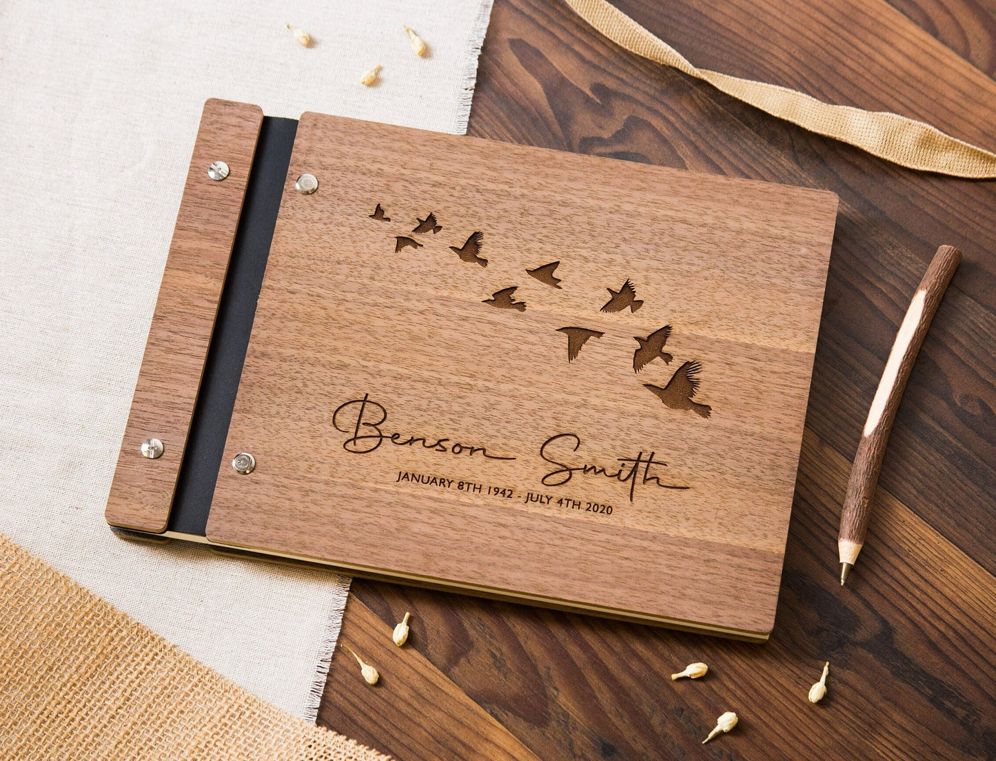 Engraved Premium Wood Guest Book - Celebration of Life or Funeral Guest Book, Guest Signing Book, Blank DIY Memory Scrapbook