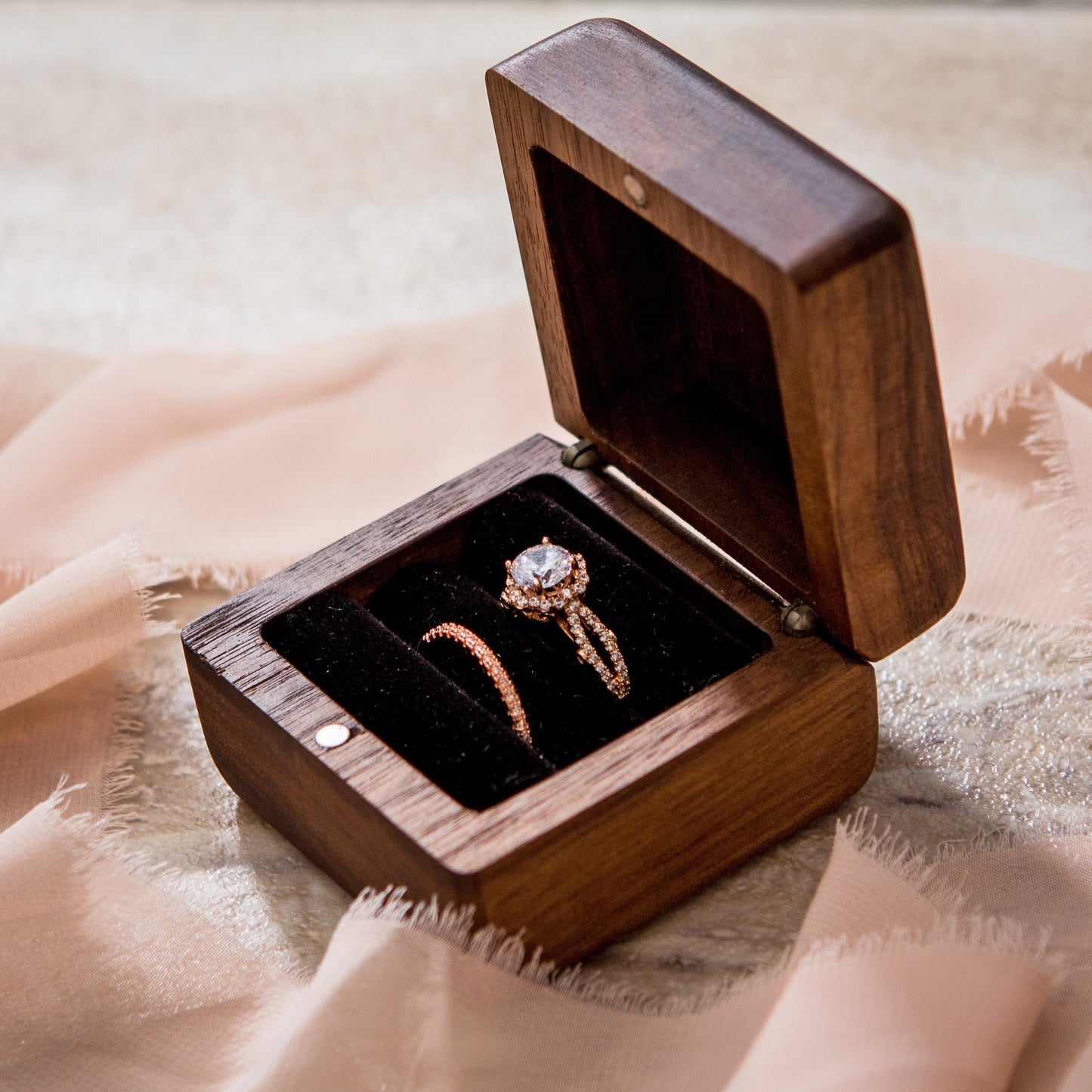 Square Double Ring Box - Engraved Wood Ring Bearer Box for Wedding Ceremony, Proposal Engagement Ring Box Gift for Her, 2 Ring Slots Storage