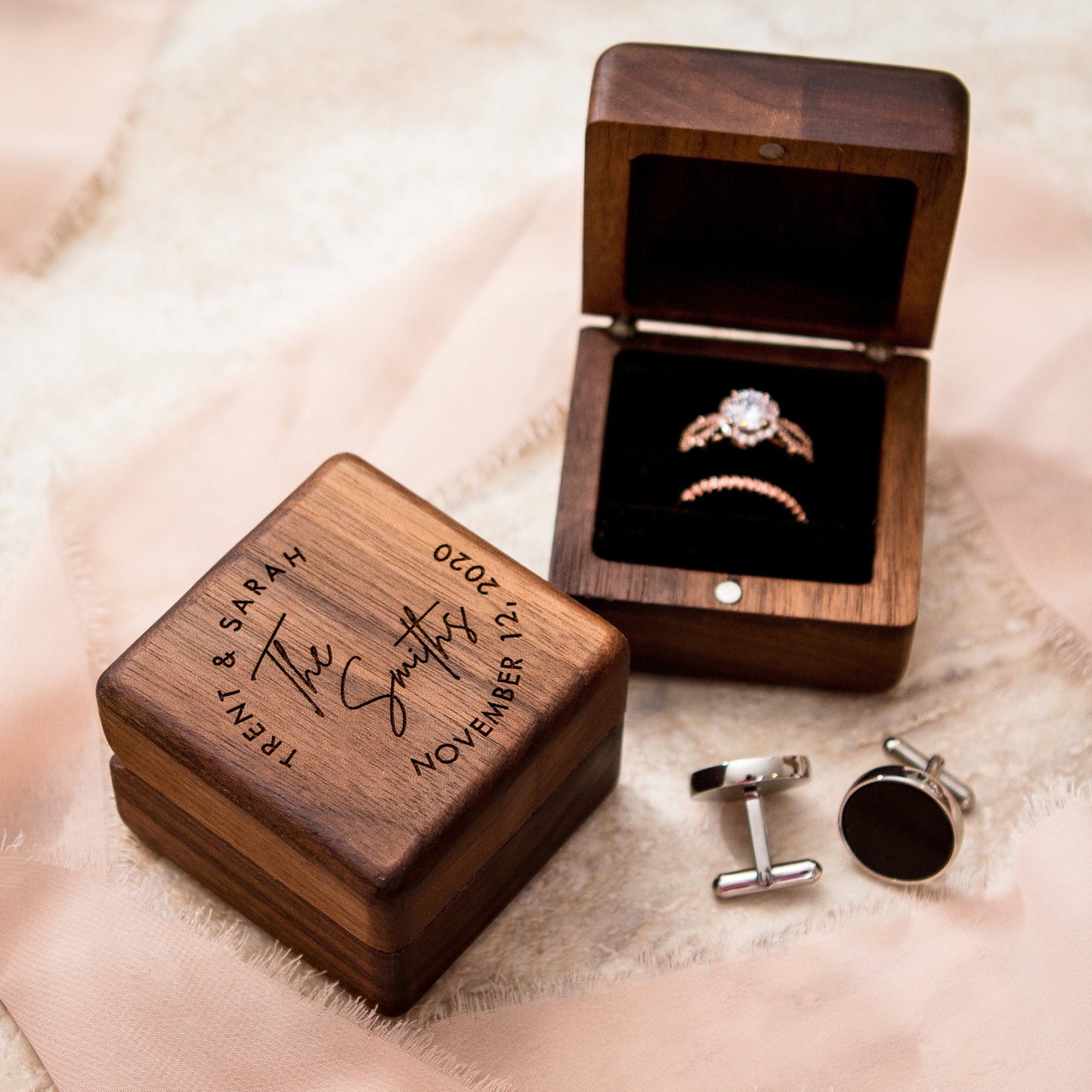 Square Double Ring Box - Engraved Wood Ring Bearer Box for Wedding Ceremony, Proposal Engagement Ring Box Gift for Her, 2 Ring Slots Storage