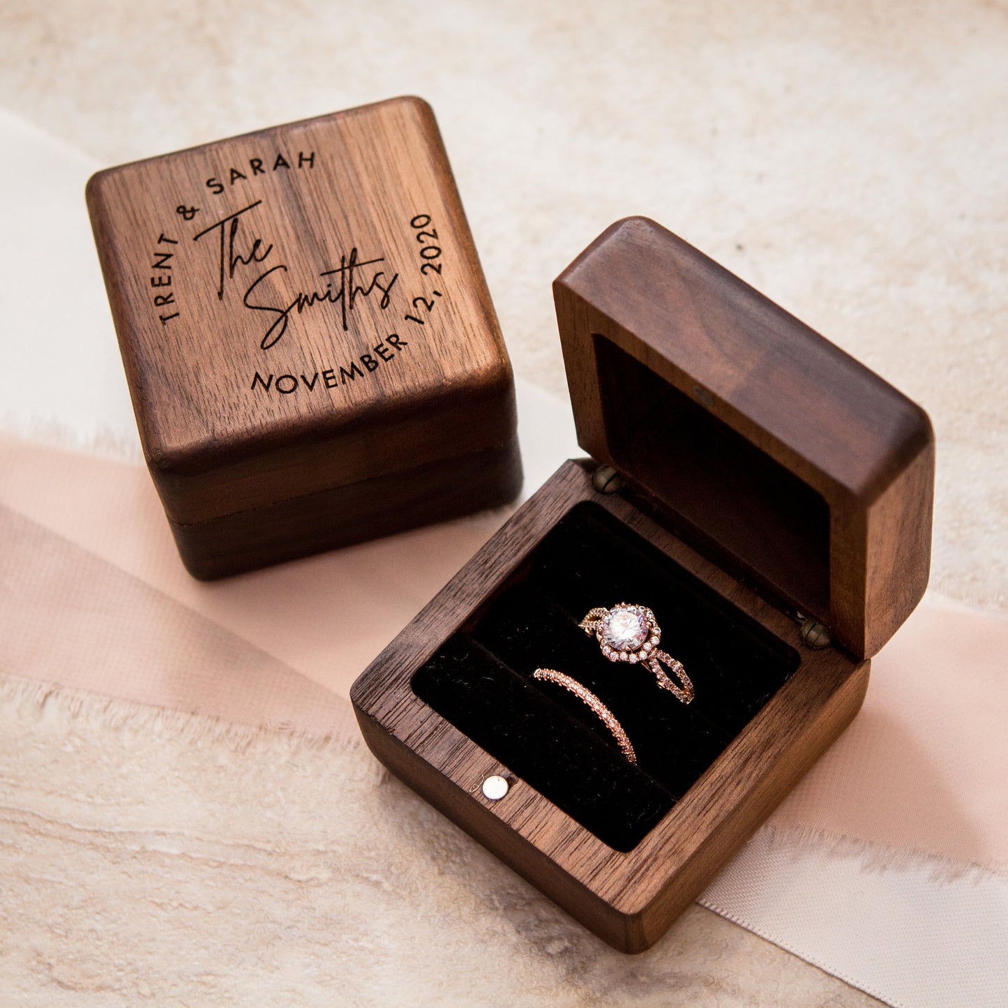 Square Double Ring Box - Engraved Wood Ring Bearer Box for Wedding Ceremony, Proposal Engagement Ring Box Gift for Her, 2 Ring Slots Storage