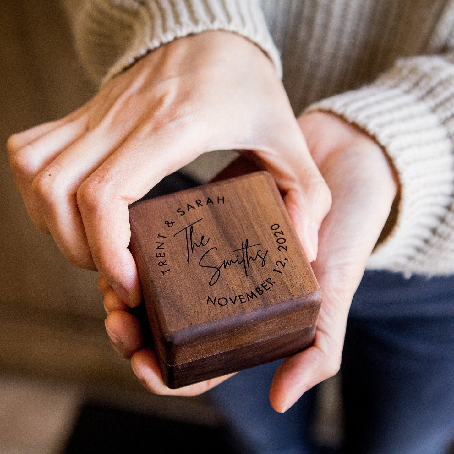 Square Double Ring Box - Engraved Wood Ring Bearer Box for Wedding Ceremony, Proposal Engagement Ring Box Gift for Her, 2 Ring Slots Storage