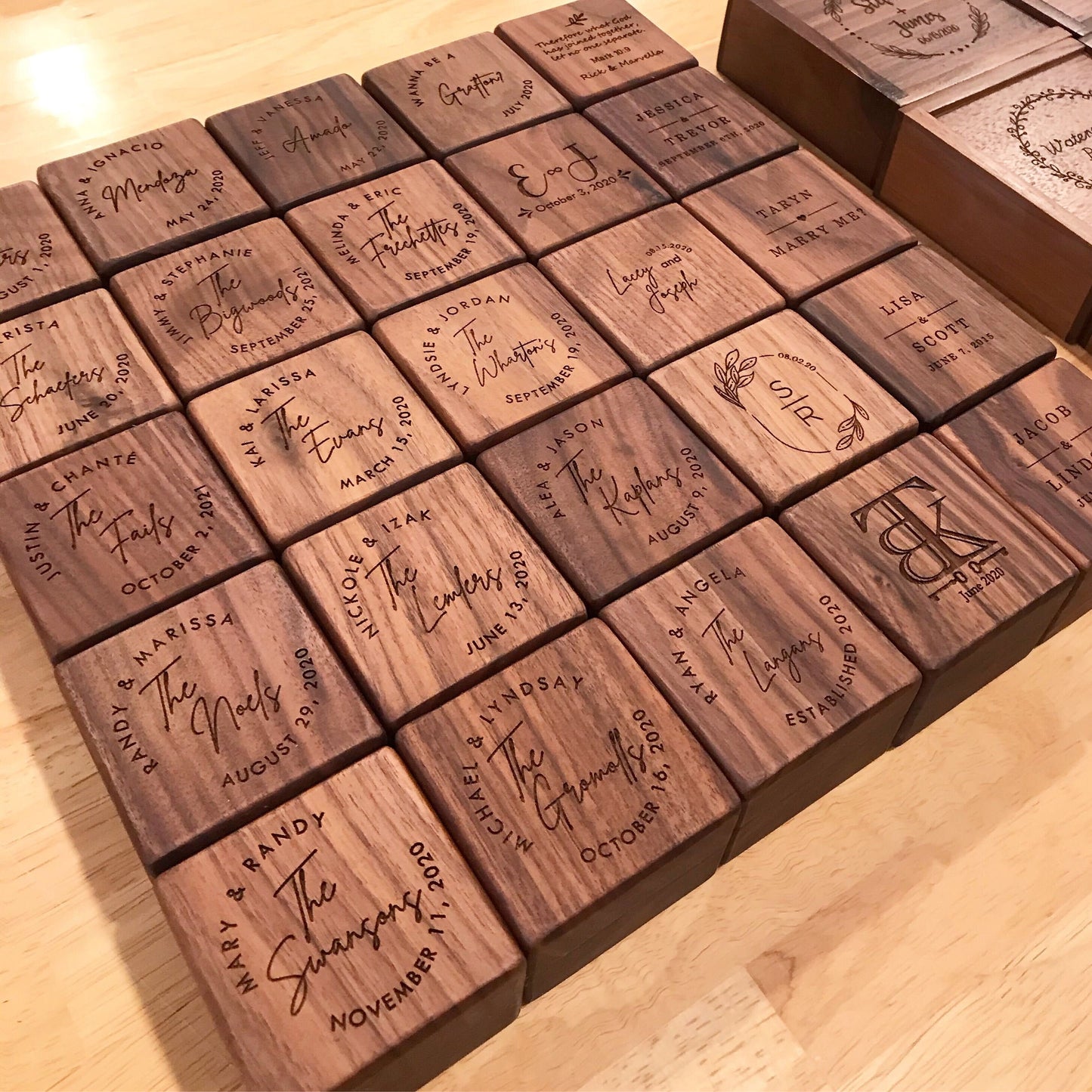 Square Double Ring Box - Engraved Wood Ring Bearer Box for Wedding Ceremony, Proposal Engagement Ring Box Gift for Her, 2 Ring Slots Storage
