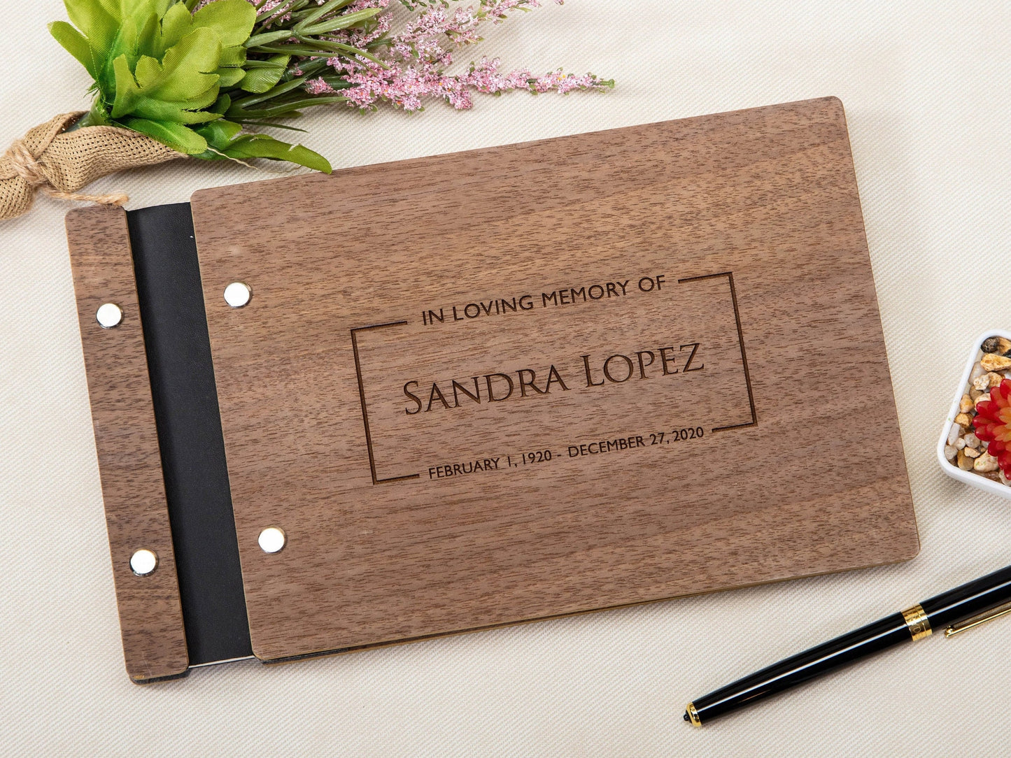 Engraved Premium Wood Guest Book - Personalized In Loving Memory of Guest Book of Condolence for Memorial Wake Service Guest Signing Book