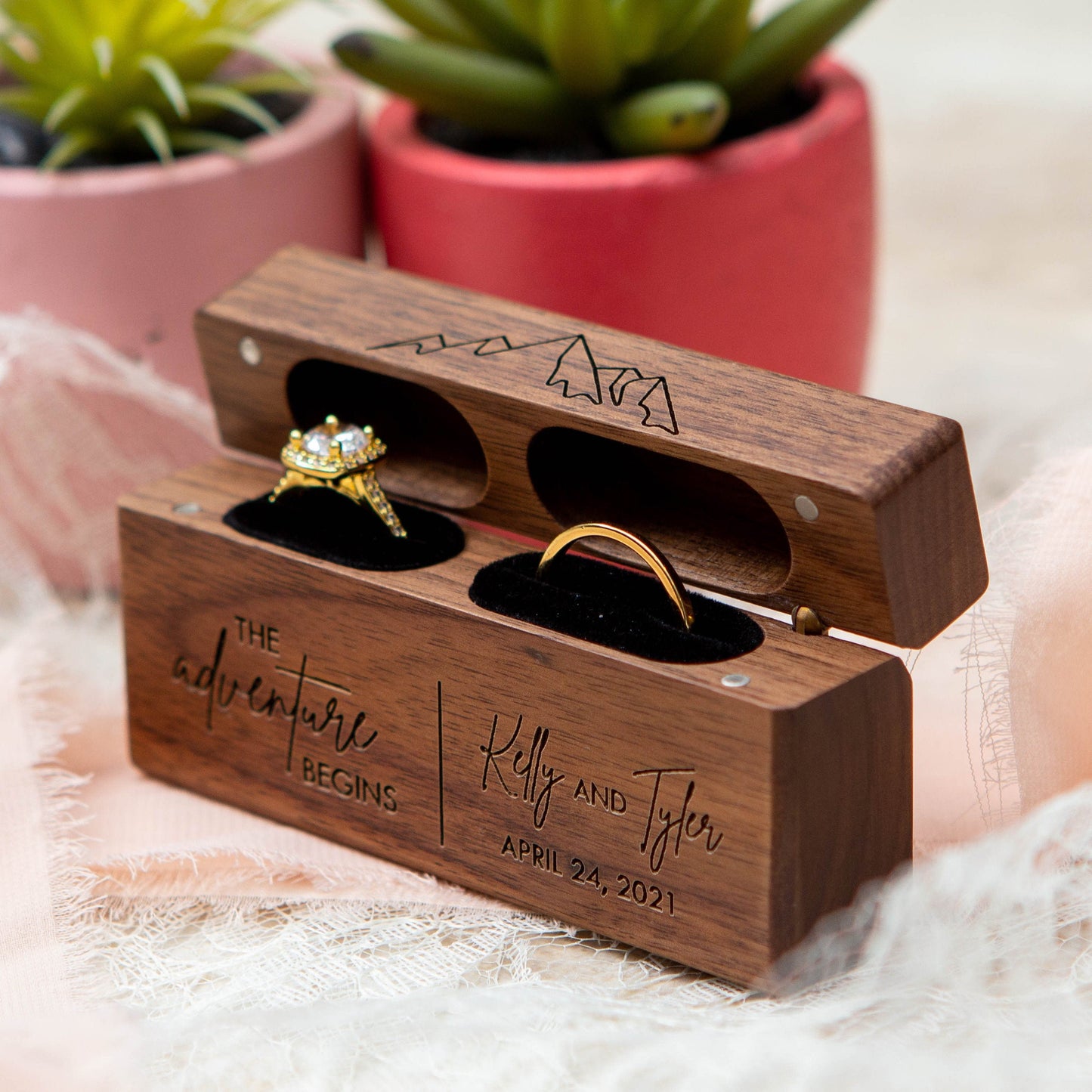 Wide Double Ring Box - Slim Ring Storage for 2 Rings, Engraved Wood Ring Bearer Box for Wedding Ceremony, Unique Proposal Gift for Her