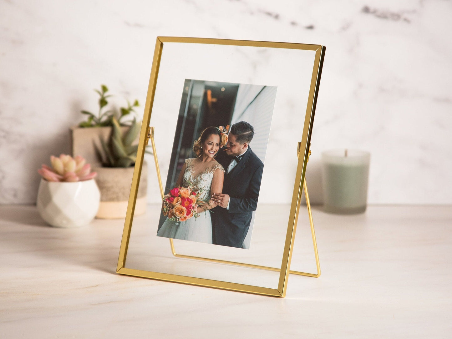 Gold Glass Frame - Photo Printing Optional, Romantic Birthday Engagement Wedding Gift for Couples, Floating Picture Display Frame Decor