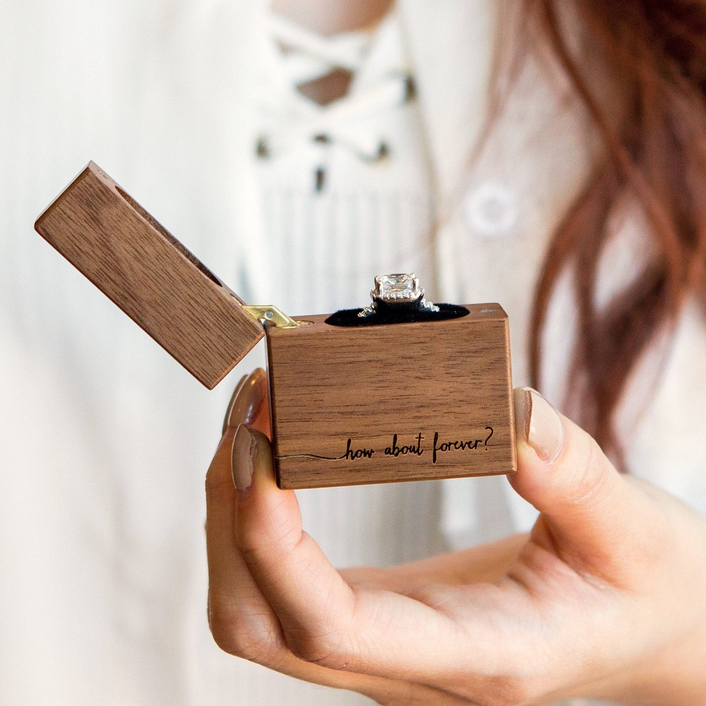 Flip Wood Ring Box - Engraved Secret Single Ring Engagement Ring Box, Slim Modern Wedding Ring Holder, Proposal Prop or Photography Decor